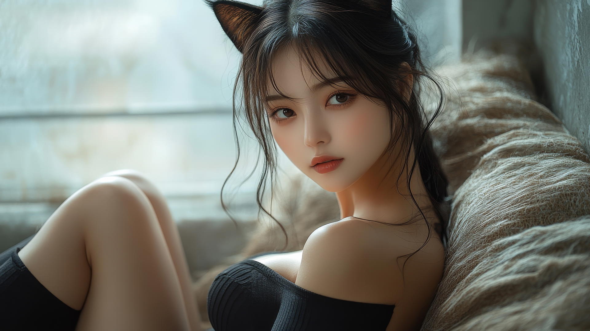 Beautiful Asian girl with cat ears, crossed legs, high heels, long-sleeved dress.