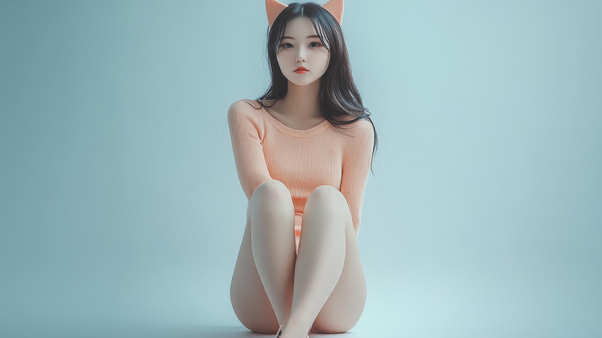 Asian girl with cat ears sitting cross-legged, side view, high heels, long sleeves.