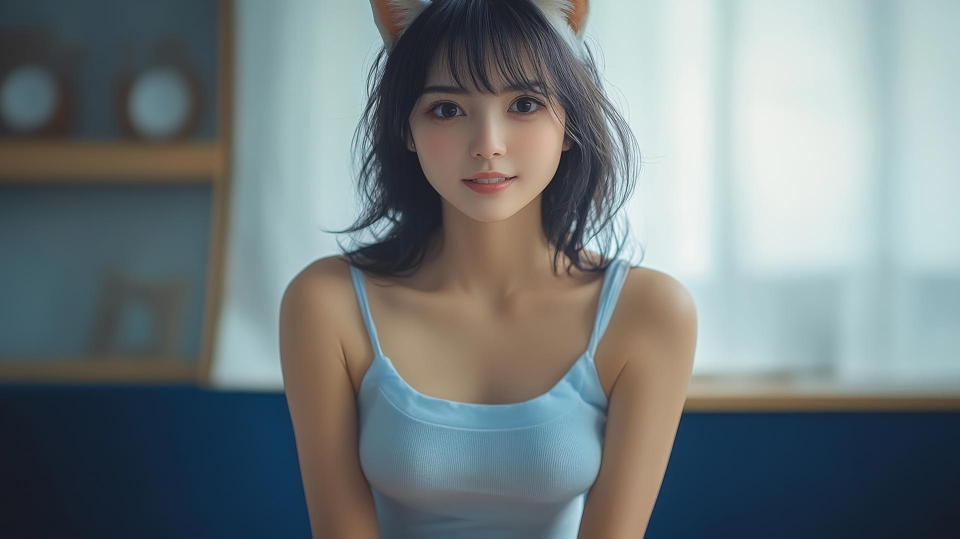 Full body shot of a smiling Asian girl with cat ears, legs crossed, wearing an office shirt.