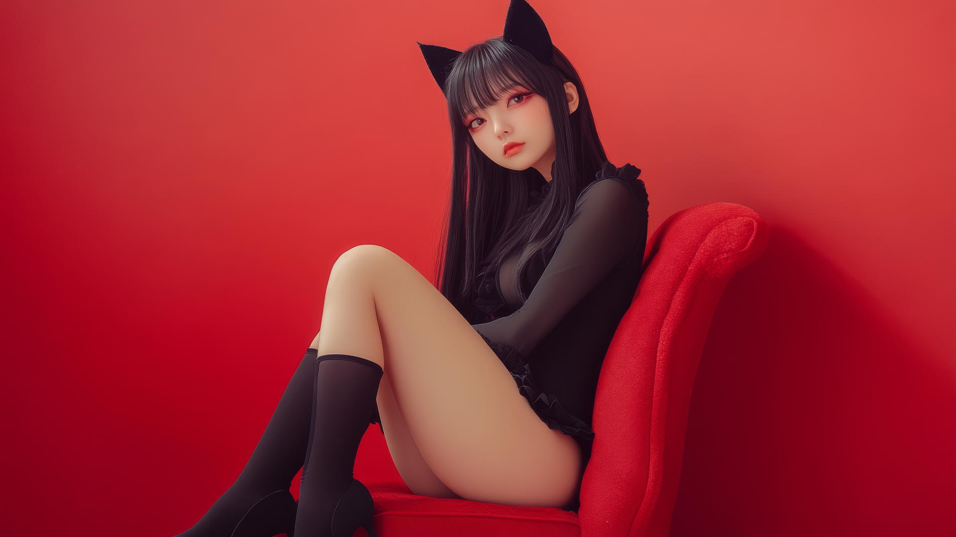 Asian girl with cat ears, crossed legs, high heels, side view, full body