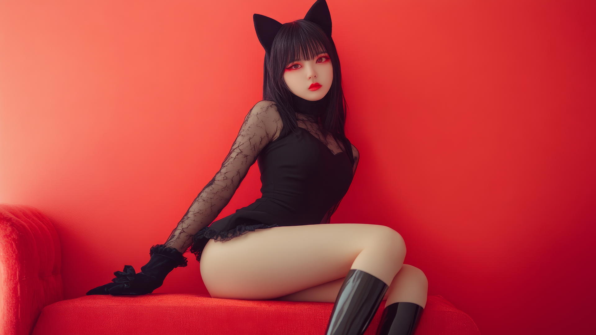Beautiful Asian girl with cat ears, crossed legs, side view, high heels, long-sleeved legs