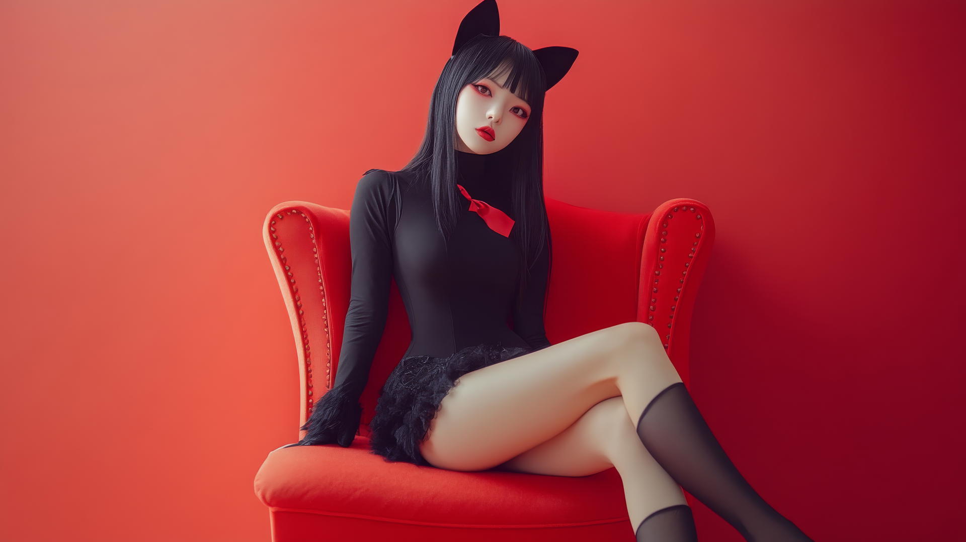 A beautiful Asian girl with cat ears, crossed legs, in high heels, side view.