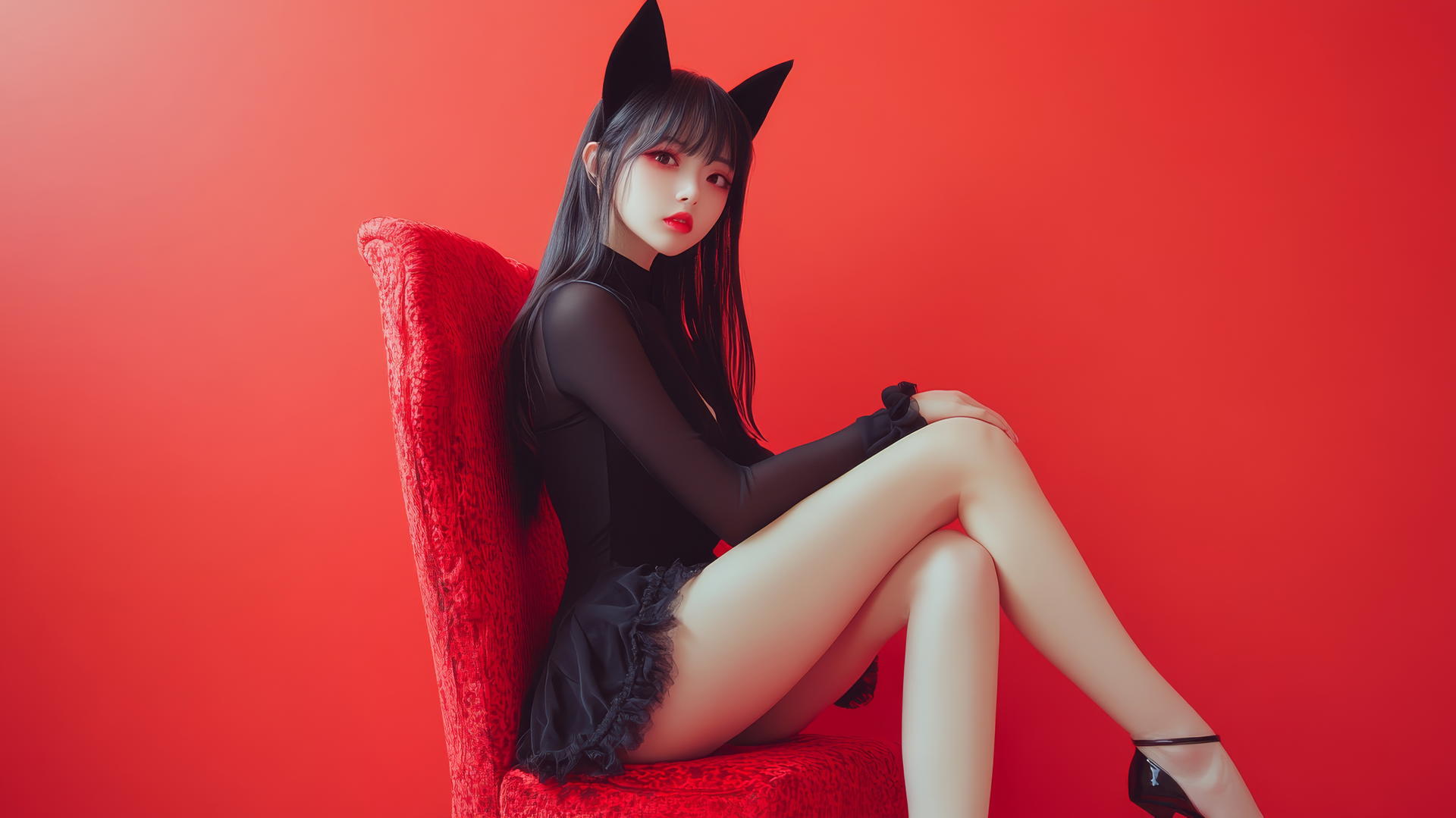 Asian girl with cat ears, crossed legs, side view, high heels