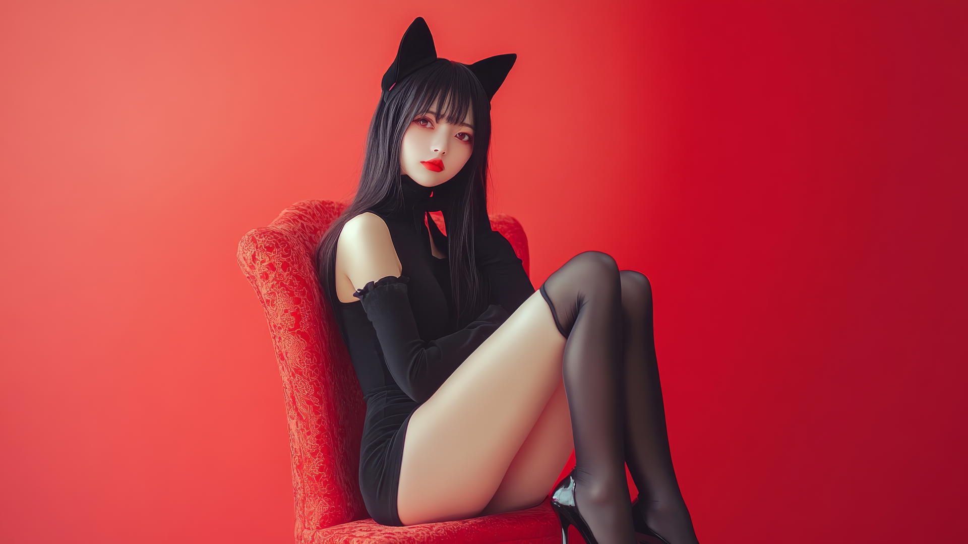 Side view of Asian girl with cat ears, crossed legs, high heels, long sleeves