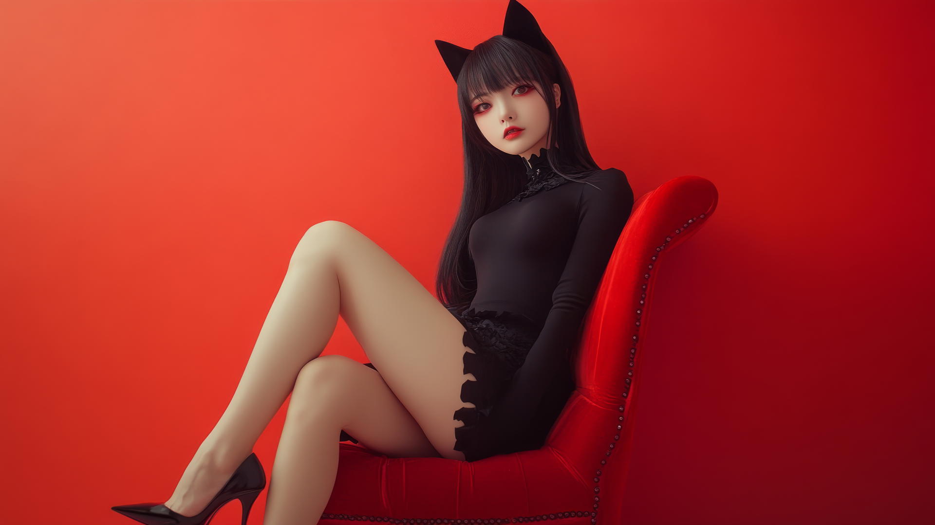 Asian girl with cat ears in high heels, side view