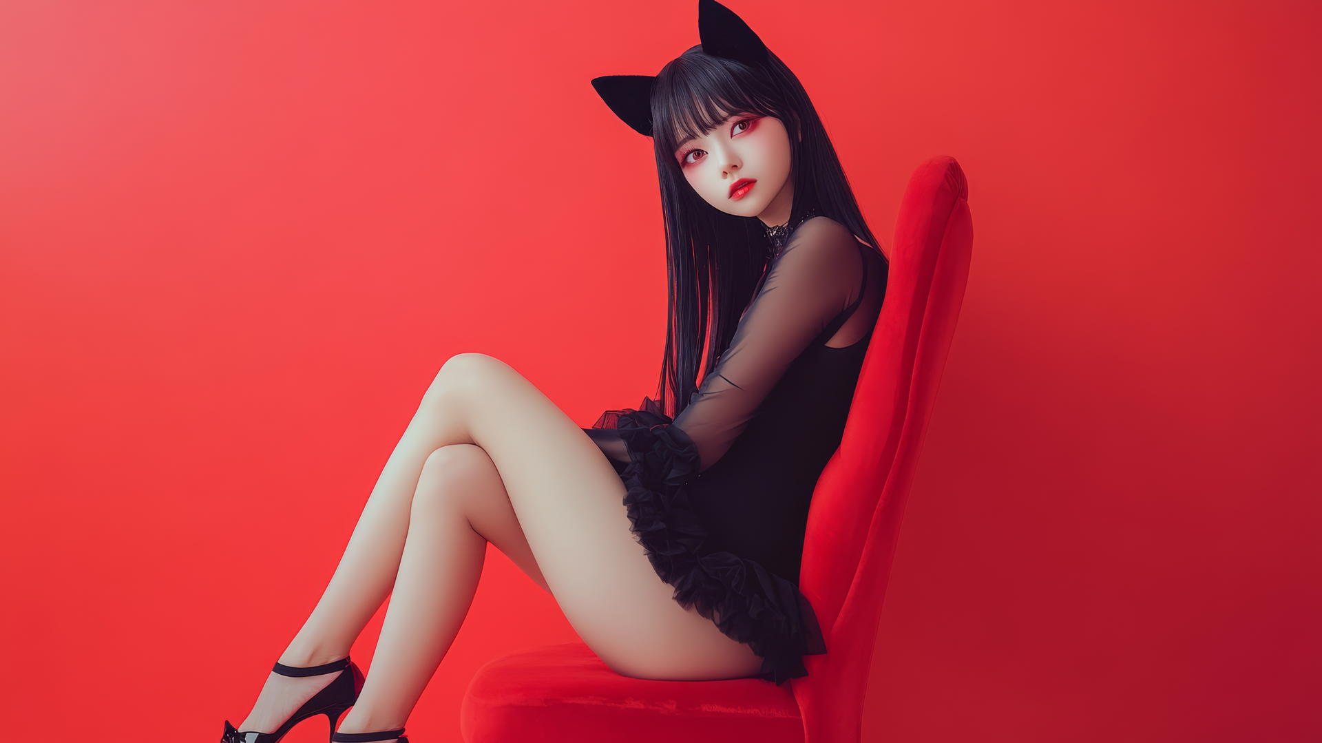 Asian girl with cat ears, crossed legs, in high heels, side view