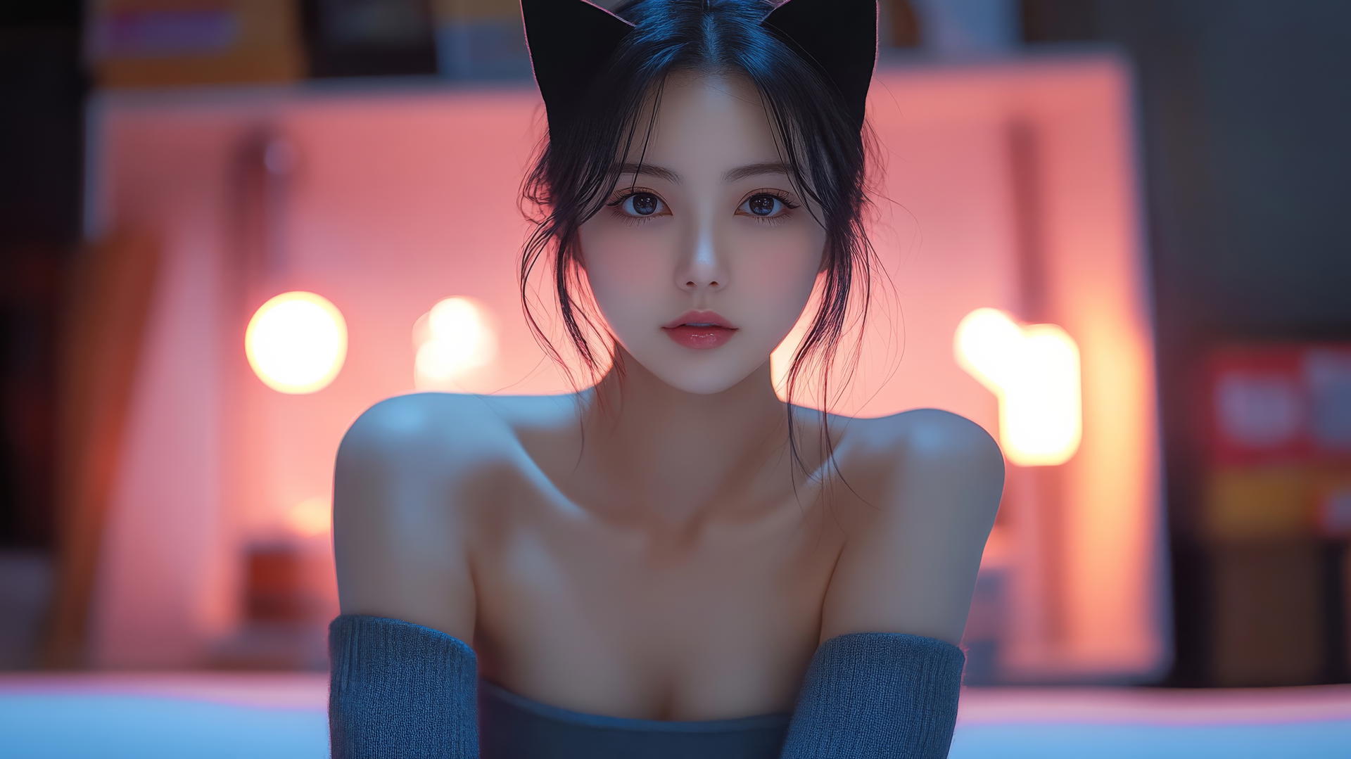 Asian girl with cat ears, crossed legs, smiling, smooth pink skin, office shirt