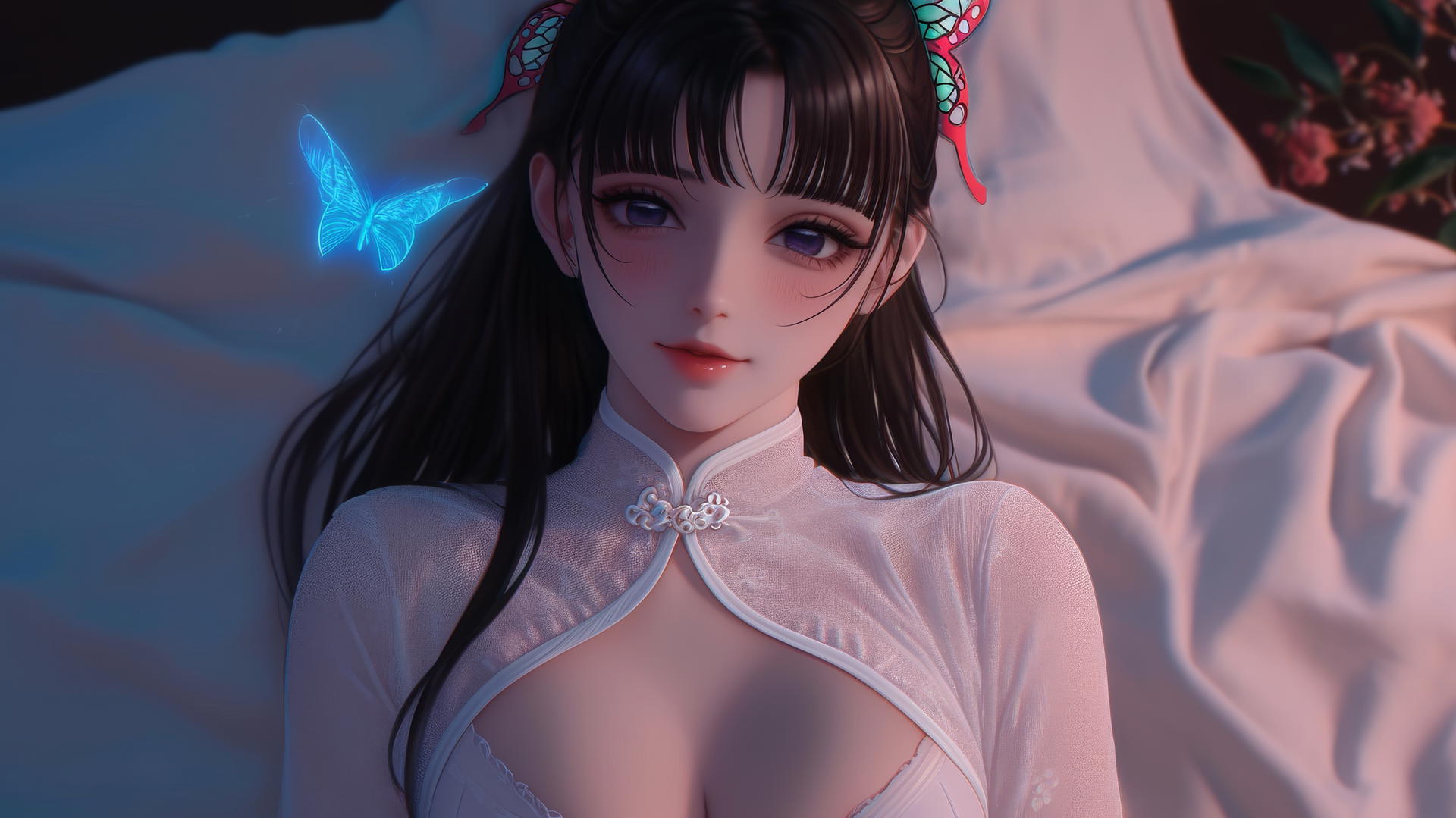 Kanao Tsuyuri kneeling in pajamas, looking up with large gentle dark lilac eyes