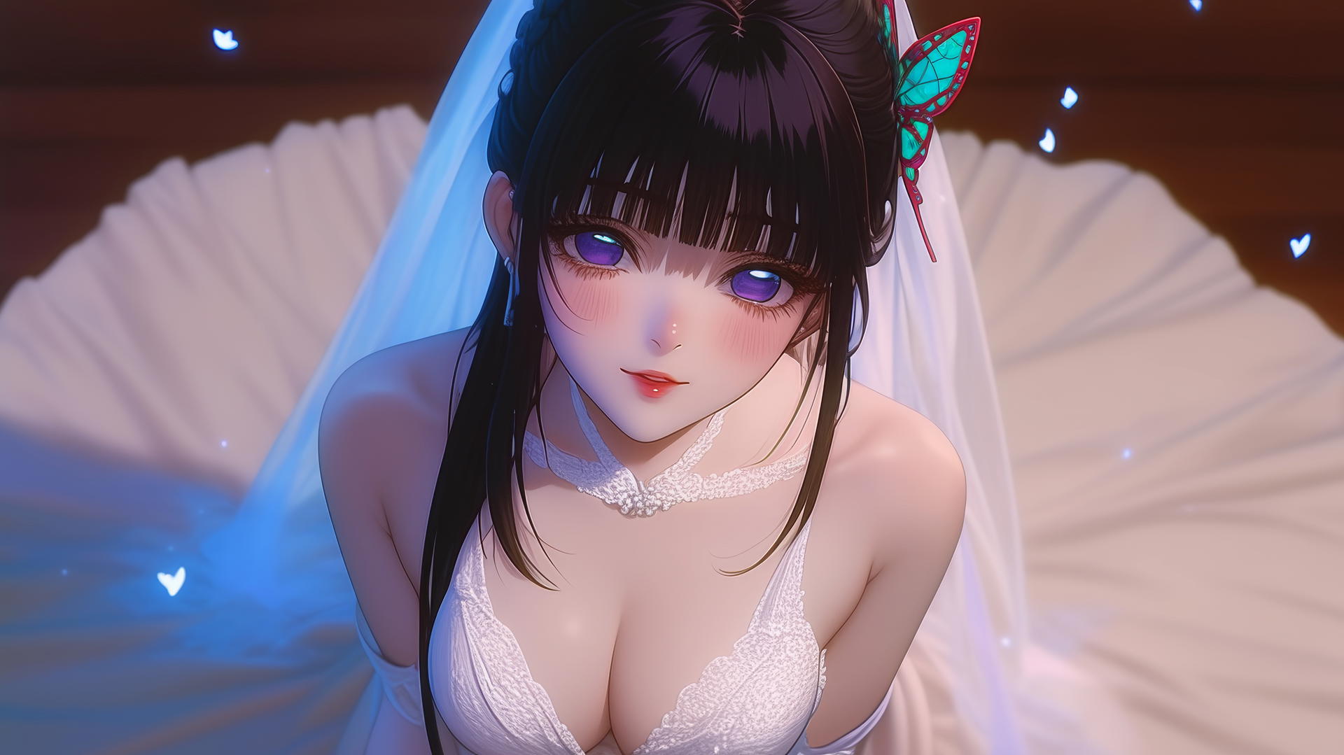 Kanao Tsuyuri in a wedding dress, kneeling, seen from above with large lilac eyes