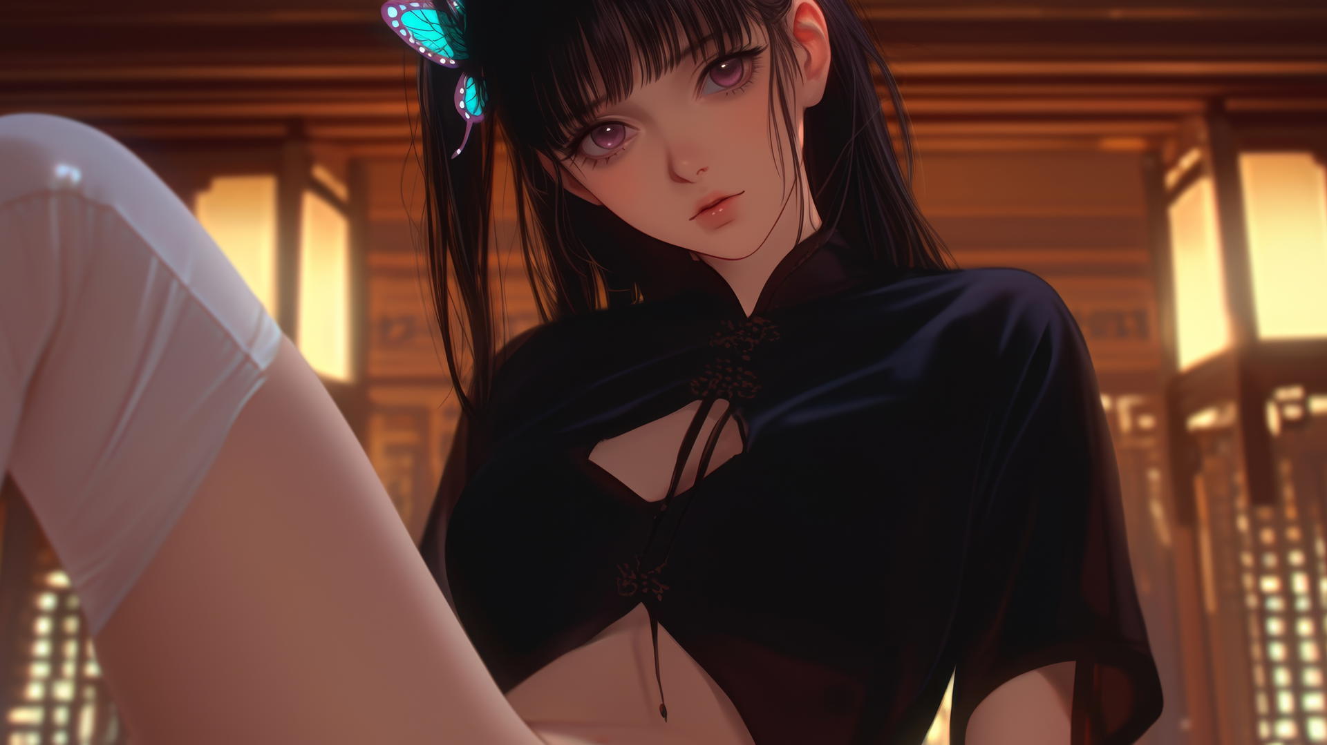 Kanao Tsuyuri kneeling, warm light, pink butterfly ornament, ceiling background