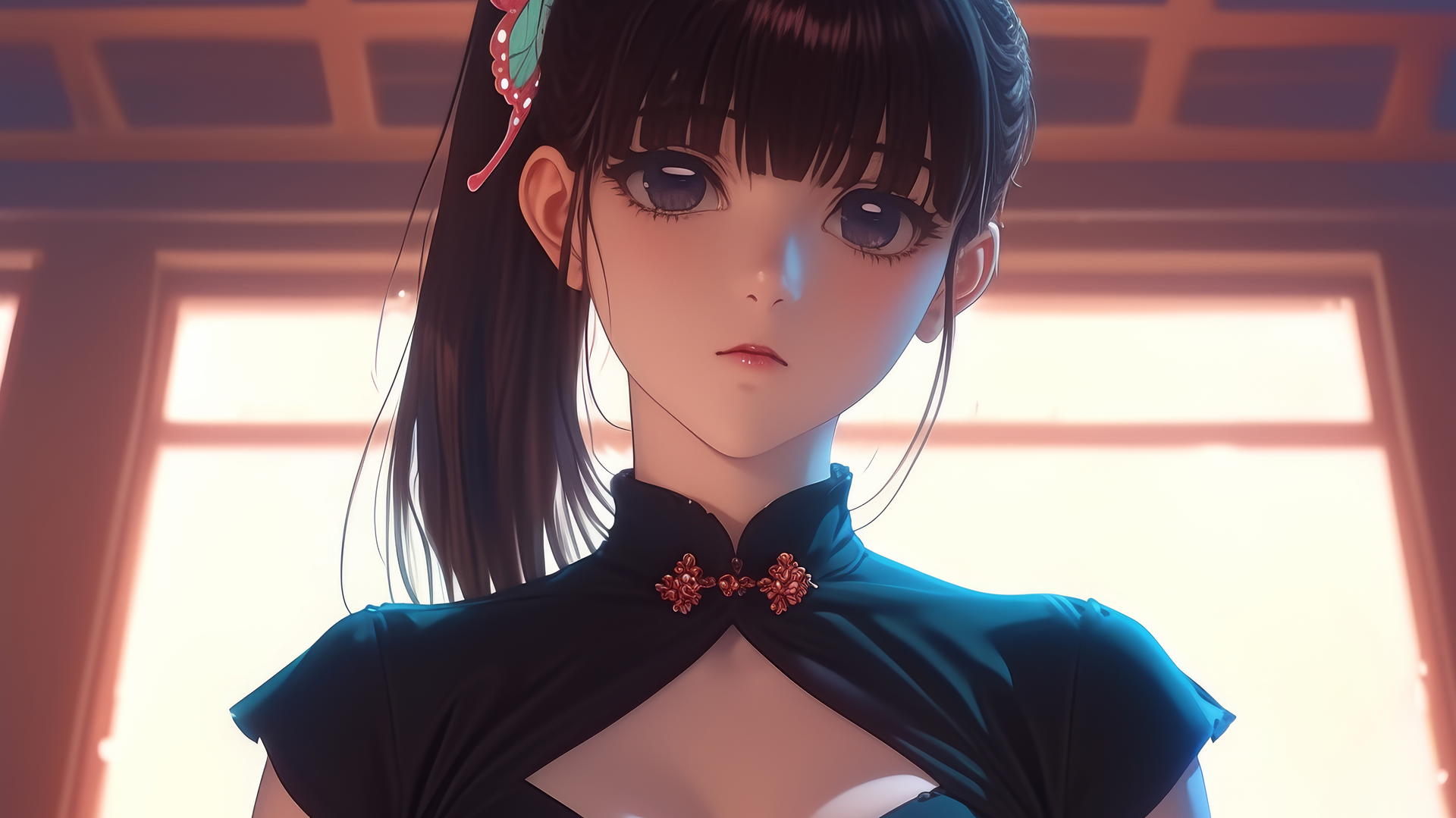 Kanao Tsuyuri from Demon Slayer kneeling, viewed from below, warm light glow