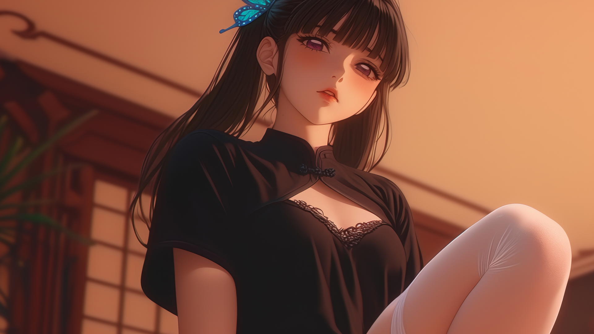 Kanao Tsuyuri kneeling, wearing a t-shirt, illuminated by warm light, seen from below with ceiling background.