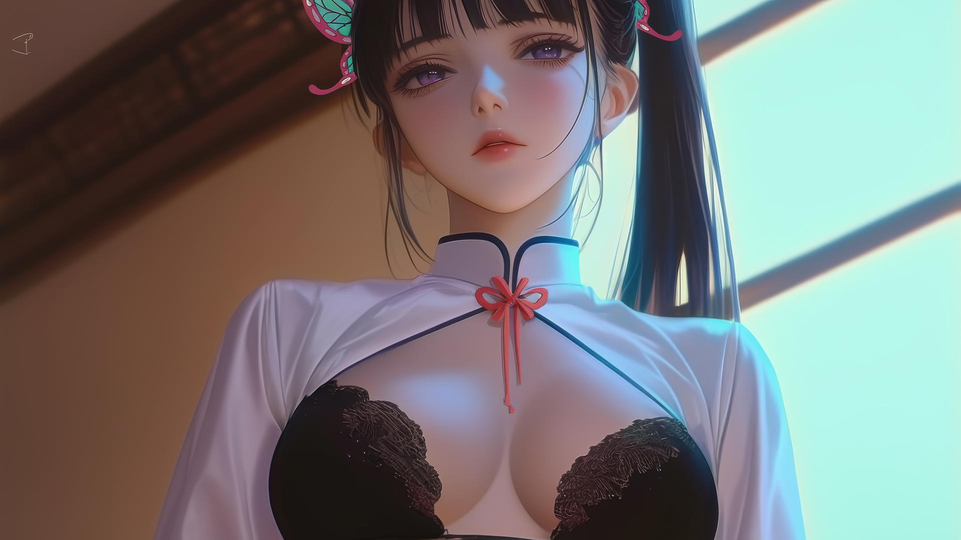 Kanao Tsuyuri kneeling, looking down, with warm light on her, ceiling background