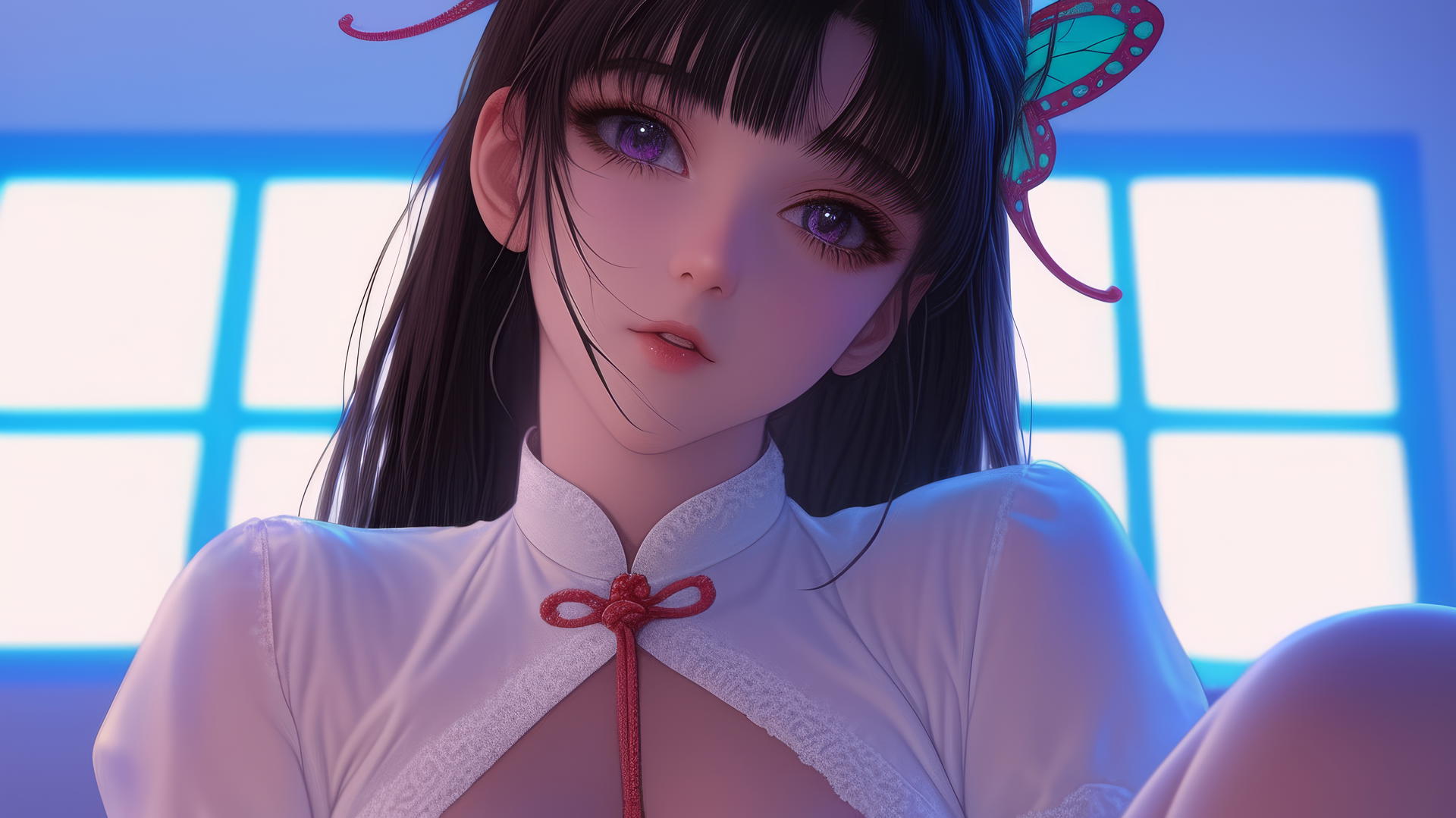 Kanao Tsuyuri from Demon Slayer as a nurse, kneeling and looking down, in a hospital setting.