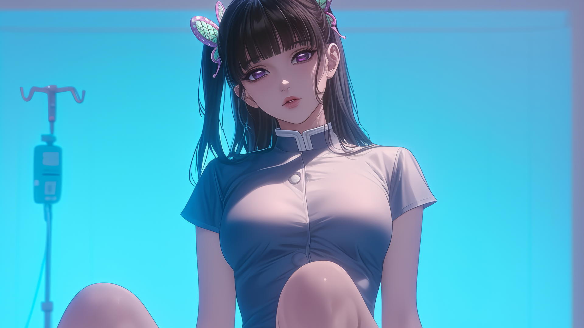 Kanao Tsuyuri from Demon Slayer dressed as a nurse kneeling with ceiling in background