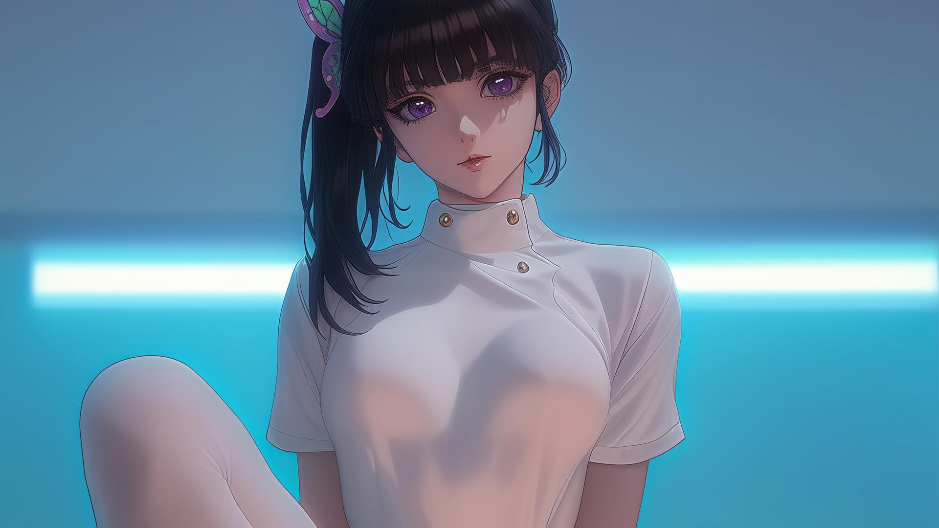 Kanao Tsuyuri as a nurse, kneeling with warm light, ceiling background