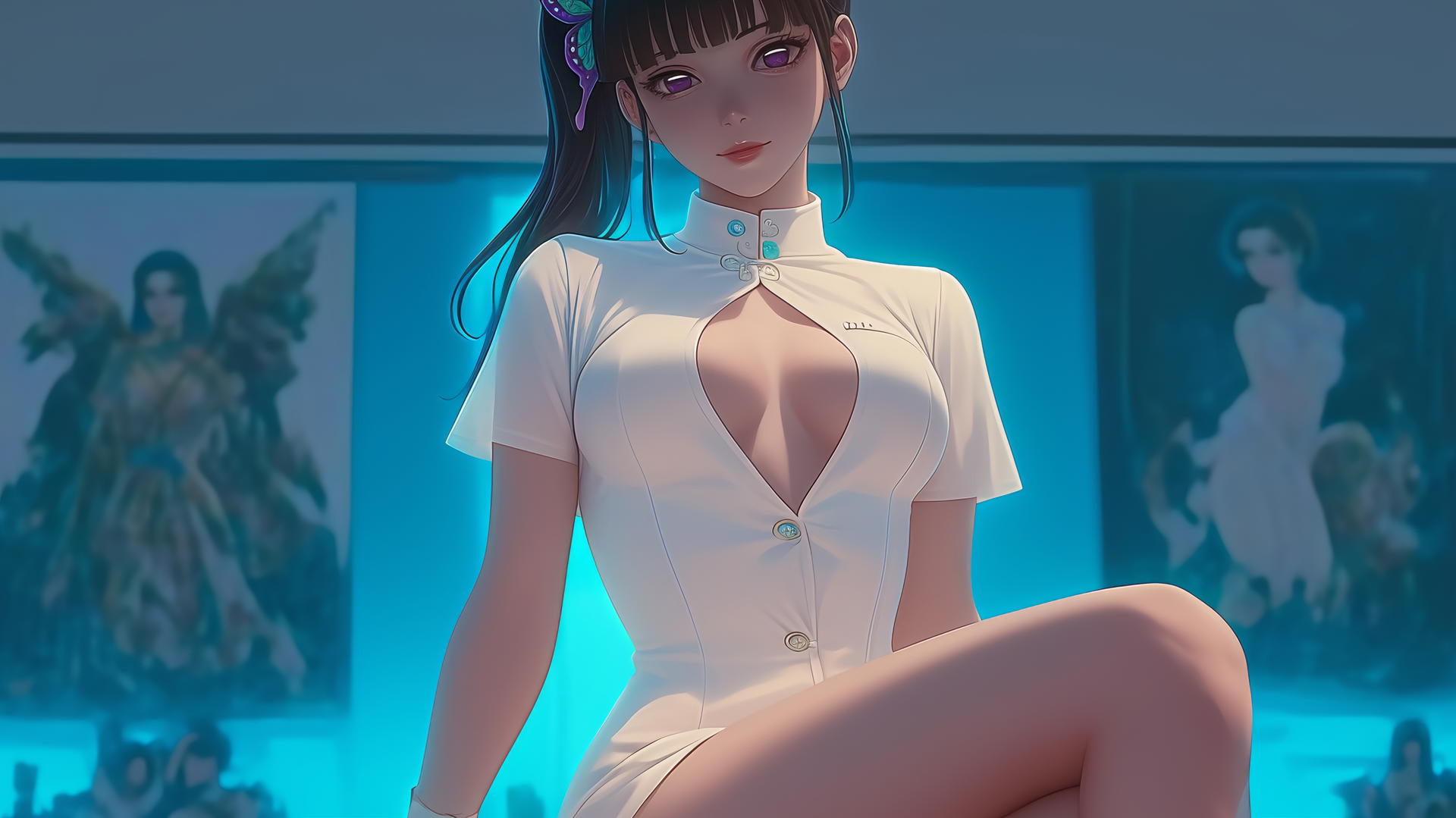 Kanao Tsuyuri as a nurse with butterfly ornament kneeling in warm light