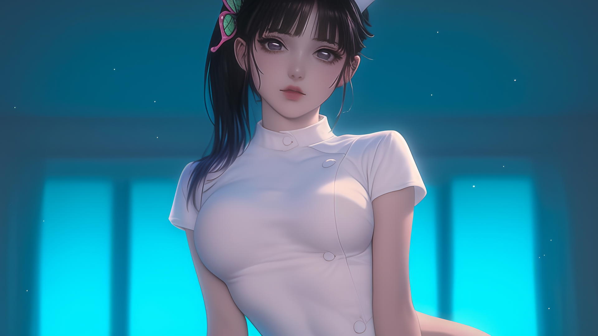 Kanao Tsuyuri from Demon Slayer dressed as a nurse, kneeling in a hospital with warm lighting.