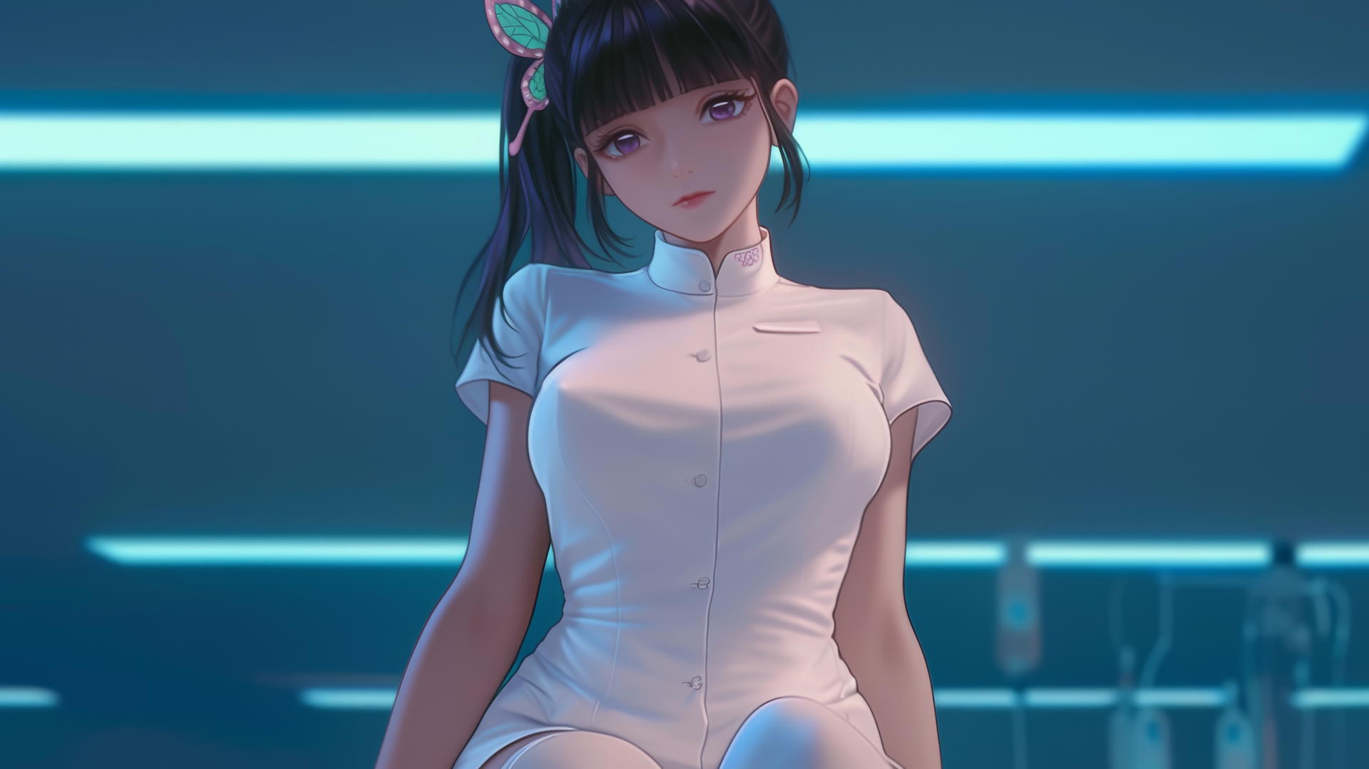 Kanao Tsuyuri from Demon Slayer as a nurse, kneeling and looking down with gentle eyes in a hospital.