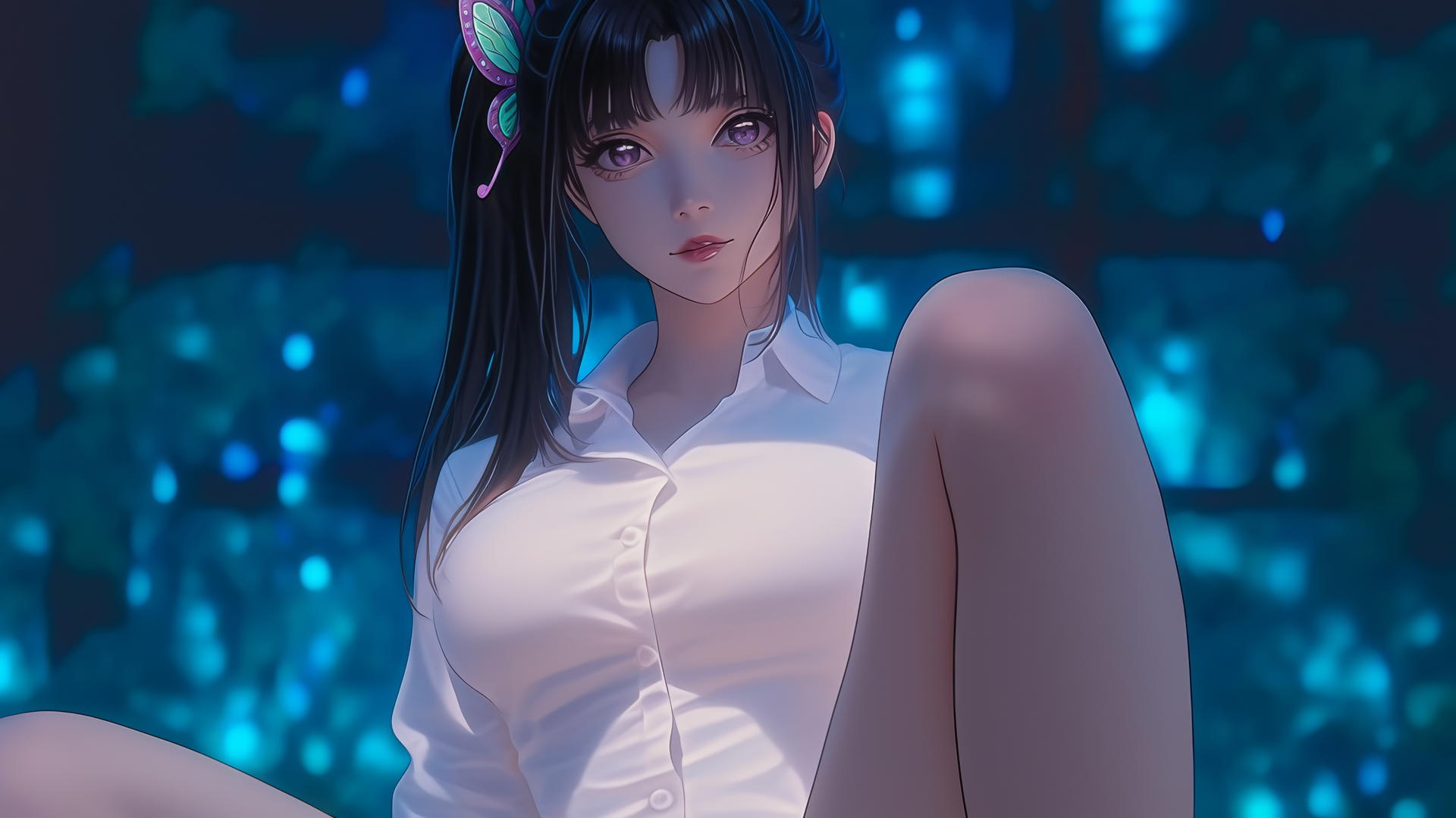 Kanao Tsuyuri kneeling in a white office shirt, looking down, with a soft glow highlighting her legs.
