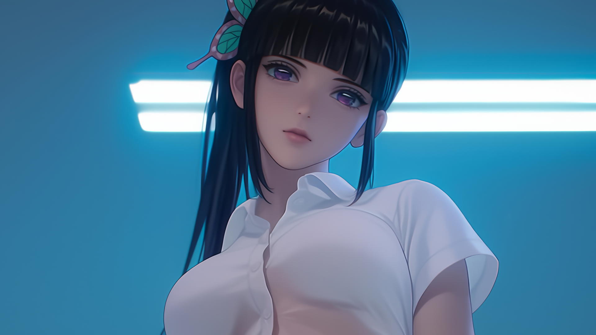 Kanao Tsuyuri in white shirt, kneeling, looking down with ceiling behind her