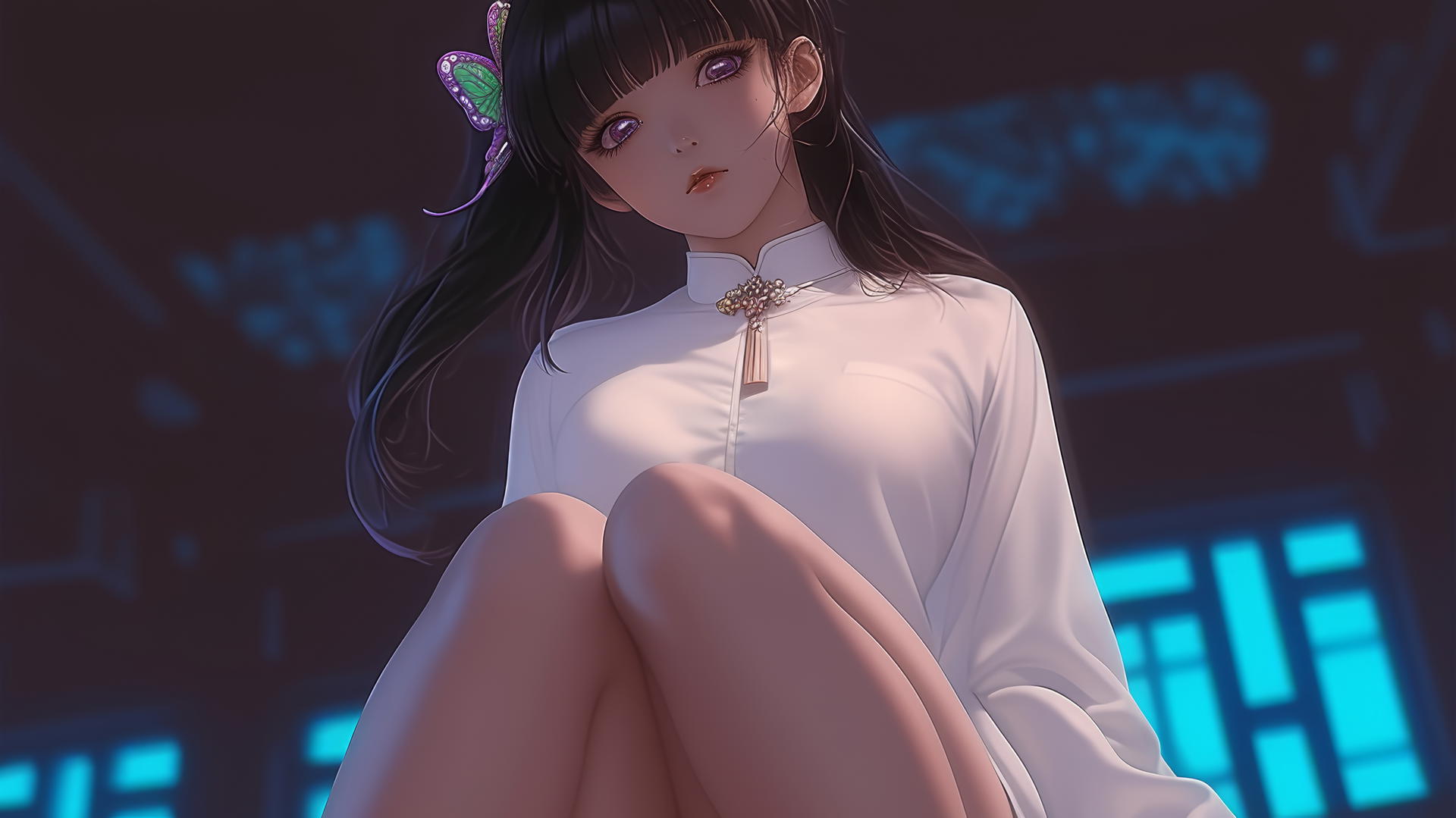 Kanao Tsuyuri kneeling, wearing white office shirt, seen from below with ceiling background