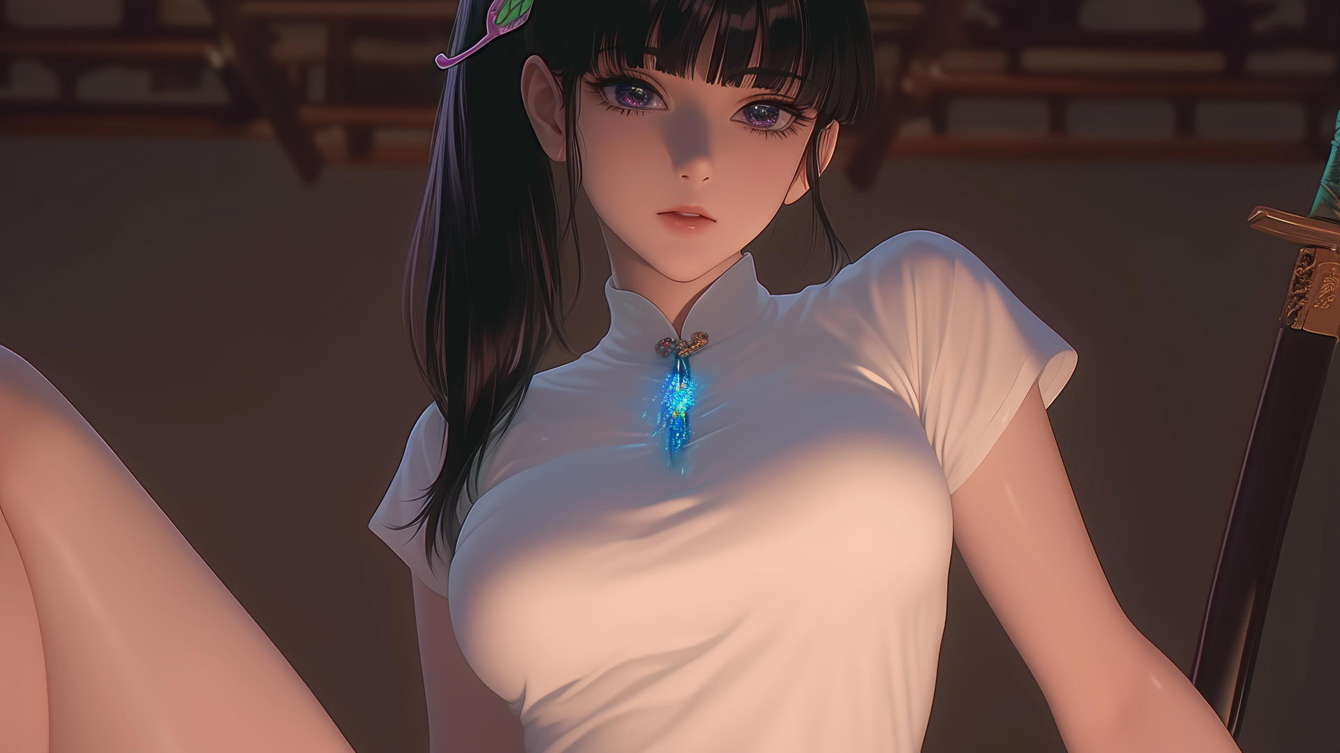Kanao Tsuyuri kneeling, wearing white t-shirt, seen from below, warm light, ceiling background