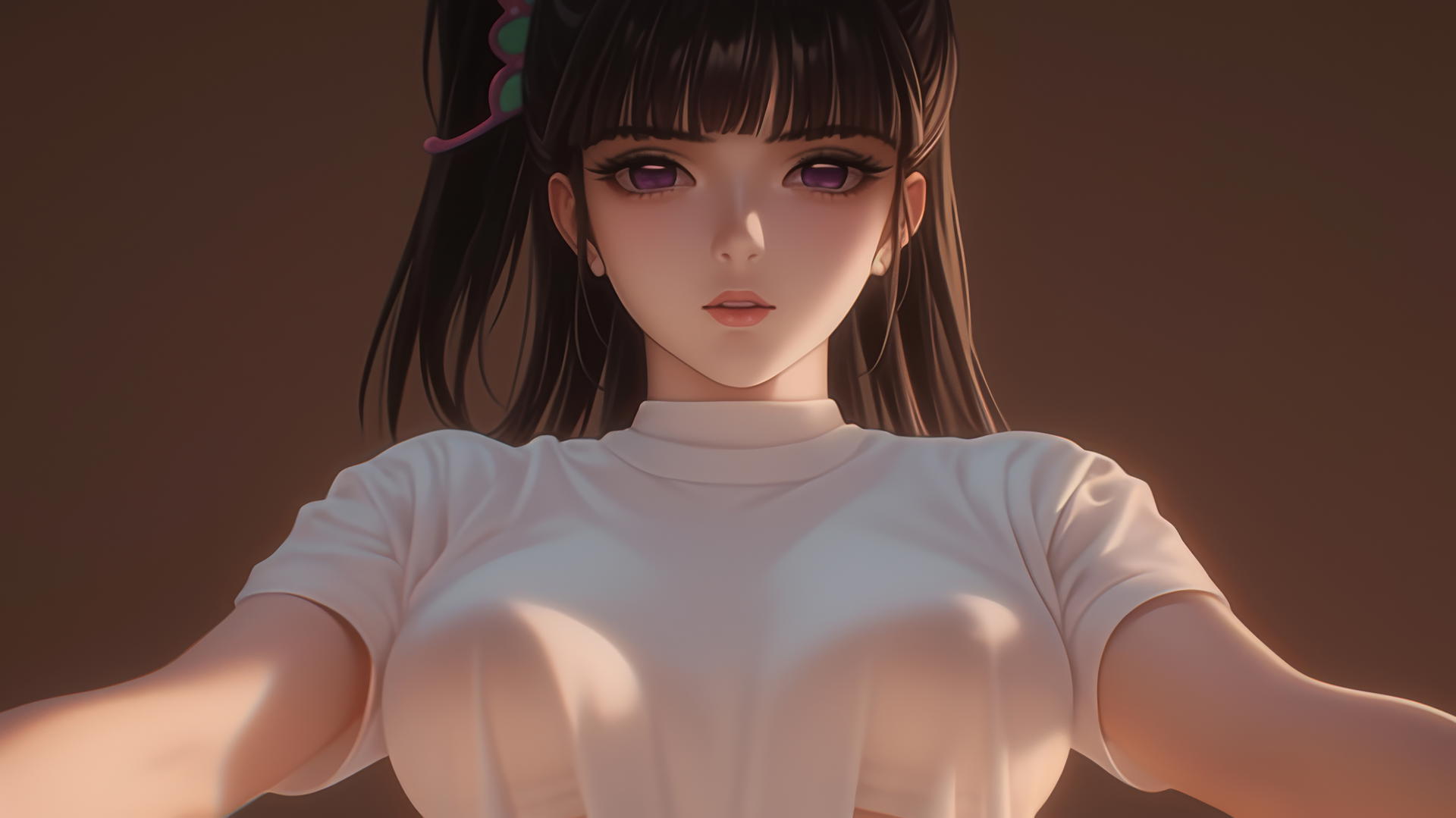 Kanao Tsuyuri from Demon Slayer kneeling, seen from below, with a gentle gaze, warm light highlighting her thighs.