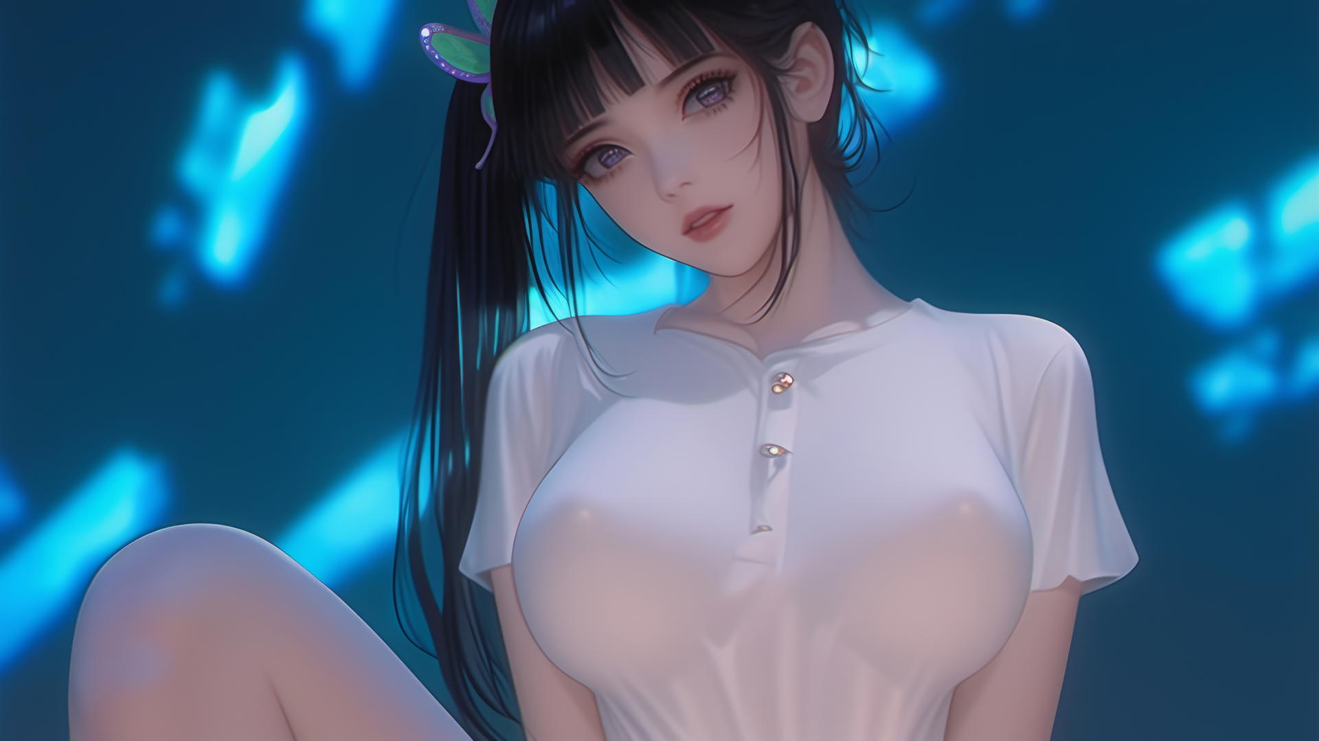 Kanao Tsuyuri kneeling, looking down, white t-shirt, ceiling background, warm light glow