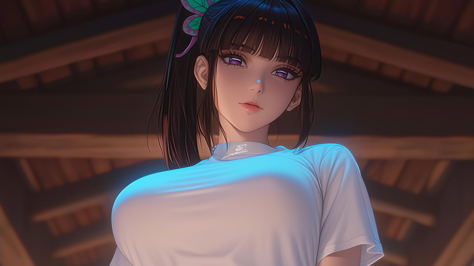 Kanao Tsuyuri kneeling, wearing white t-shirt, looking down, butterfly ornament in hair