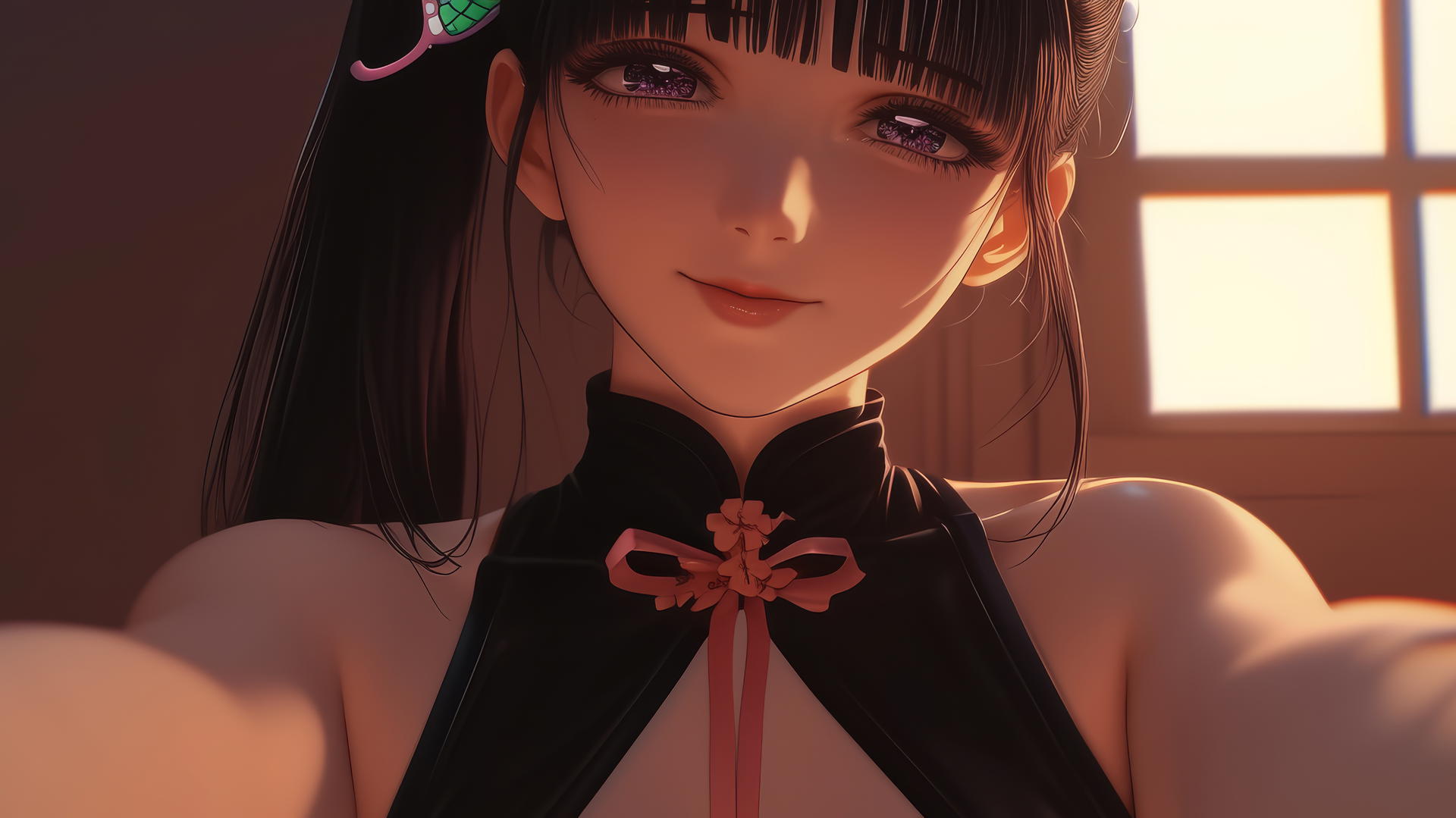 Kanao Tsuyuri from Demon Slayer kneeling, leaning forward with warm light and ceiling background