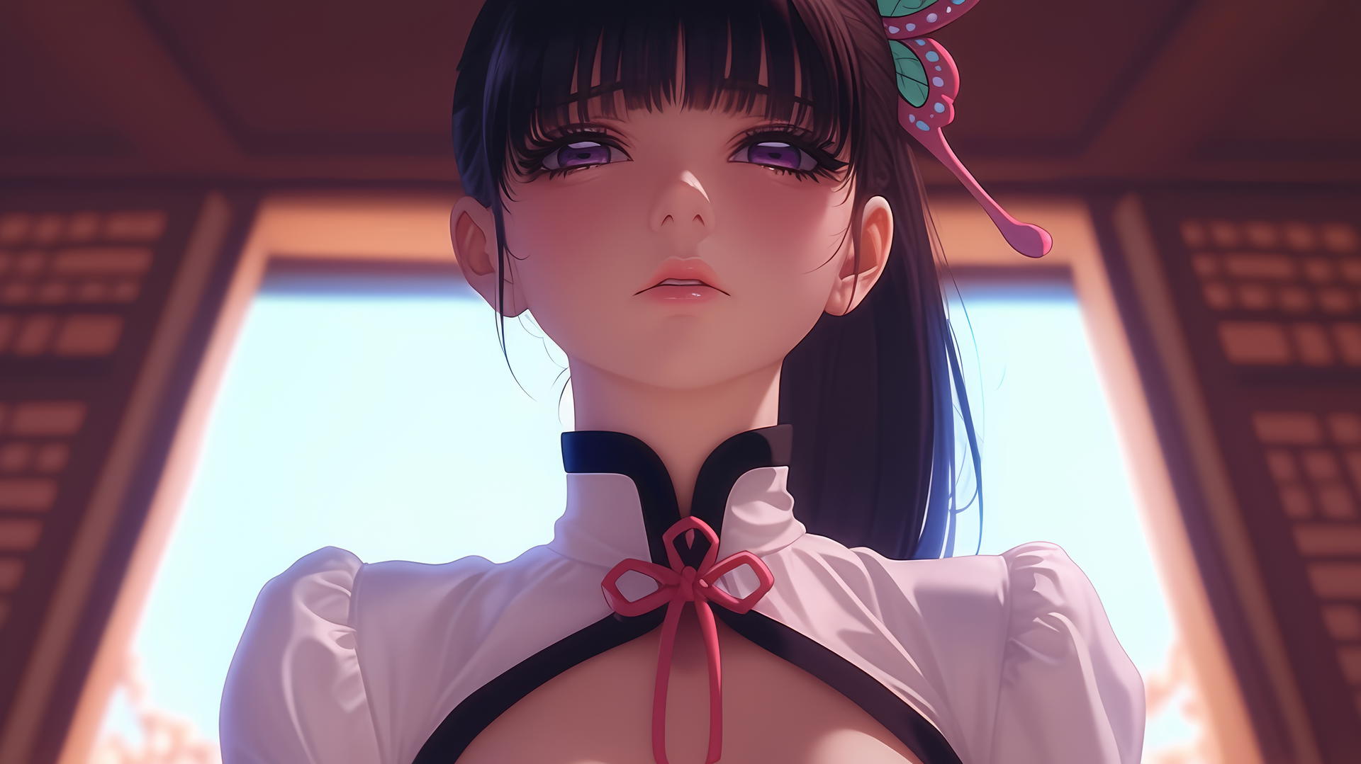 Kanao Tsuyuri from Demon Slayer kneeling, looking down, with soft glow, ceiling background.
