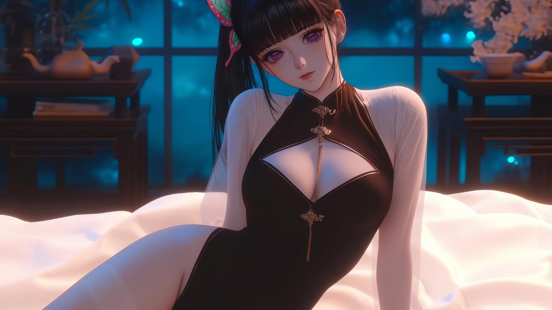 Kanao Tsuyuri from Demon Slayer at a modern hotel under warm light