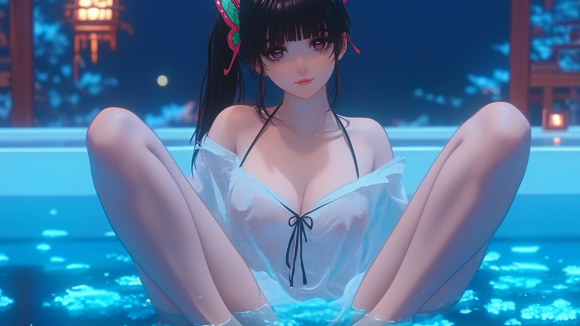Kanao Tsuyuri from Demon Slayer in a tub with one leg pointing up, warm light highlighting her figure.