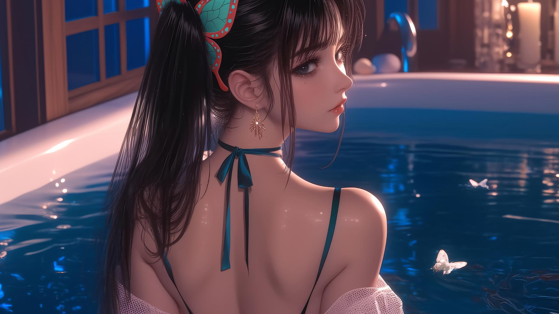 Kanao Tsuyuri from Demon Slayer, back view, in modern apartment bathtub, warm light