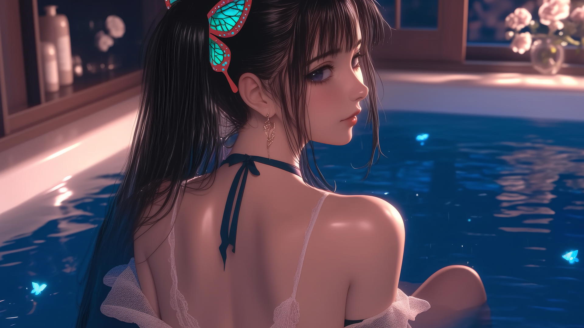 Kanao Tsuyuri from Demon Slayer in a modern apartment, warm light on her figure.
