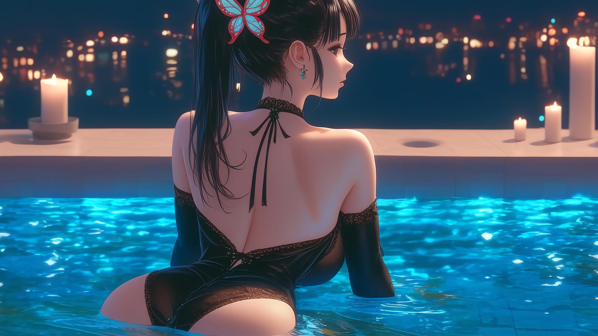 Kanao Tsuyuri from Demon Slayer in a modern bath, warm light highlighting her figure.