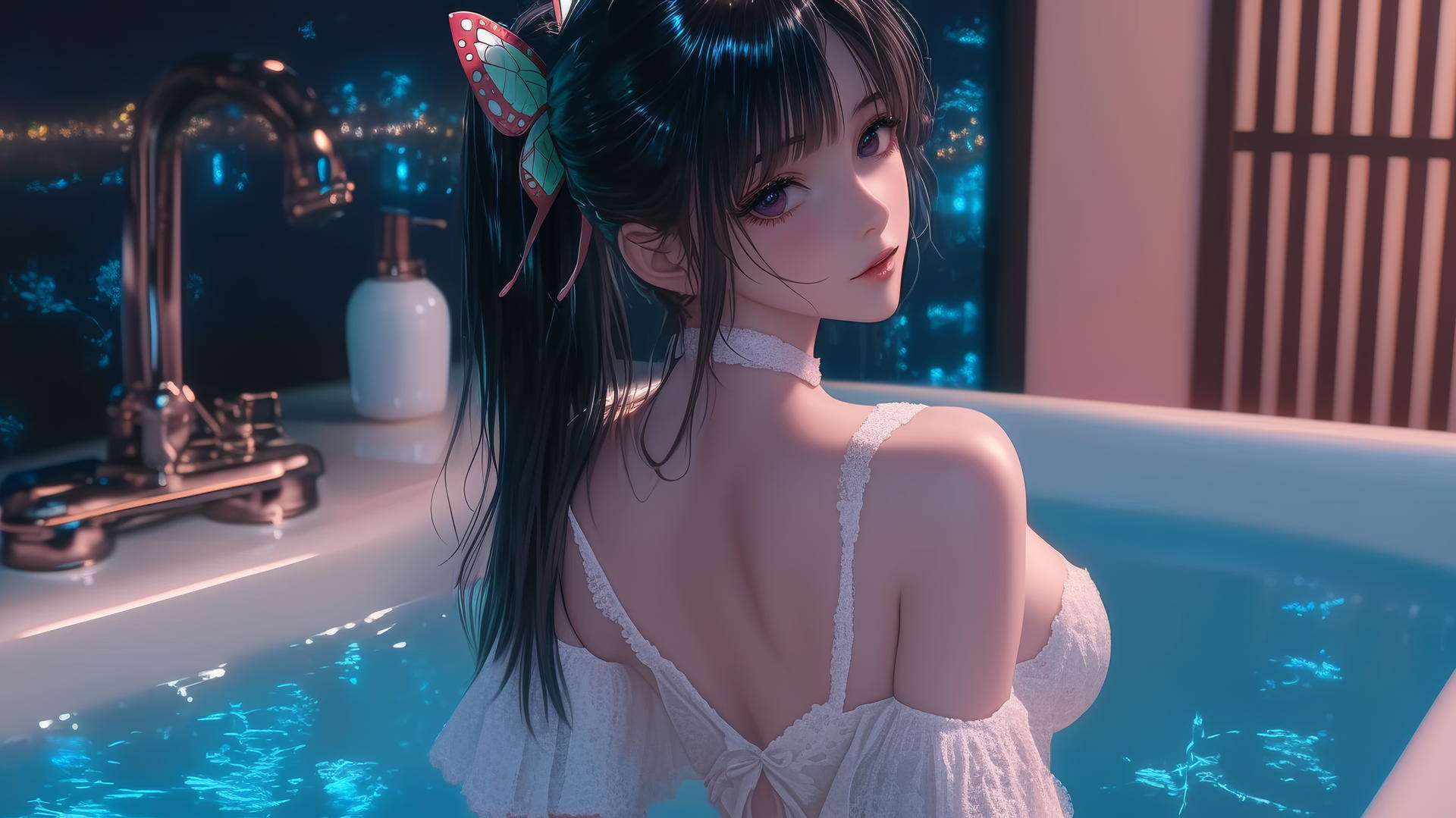 Kanao Tsuyuri from Demon Slayer at a modern apartment tub, soft glow highlighting her figure.