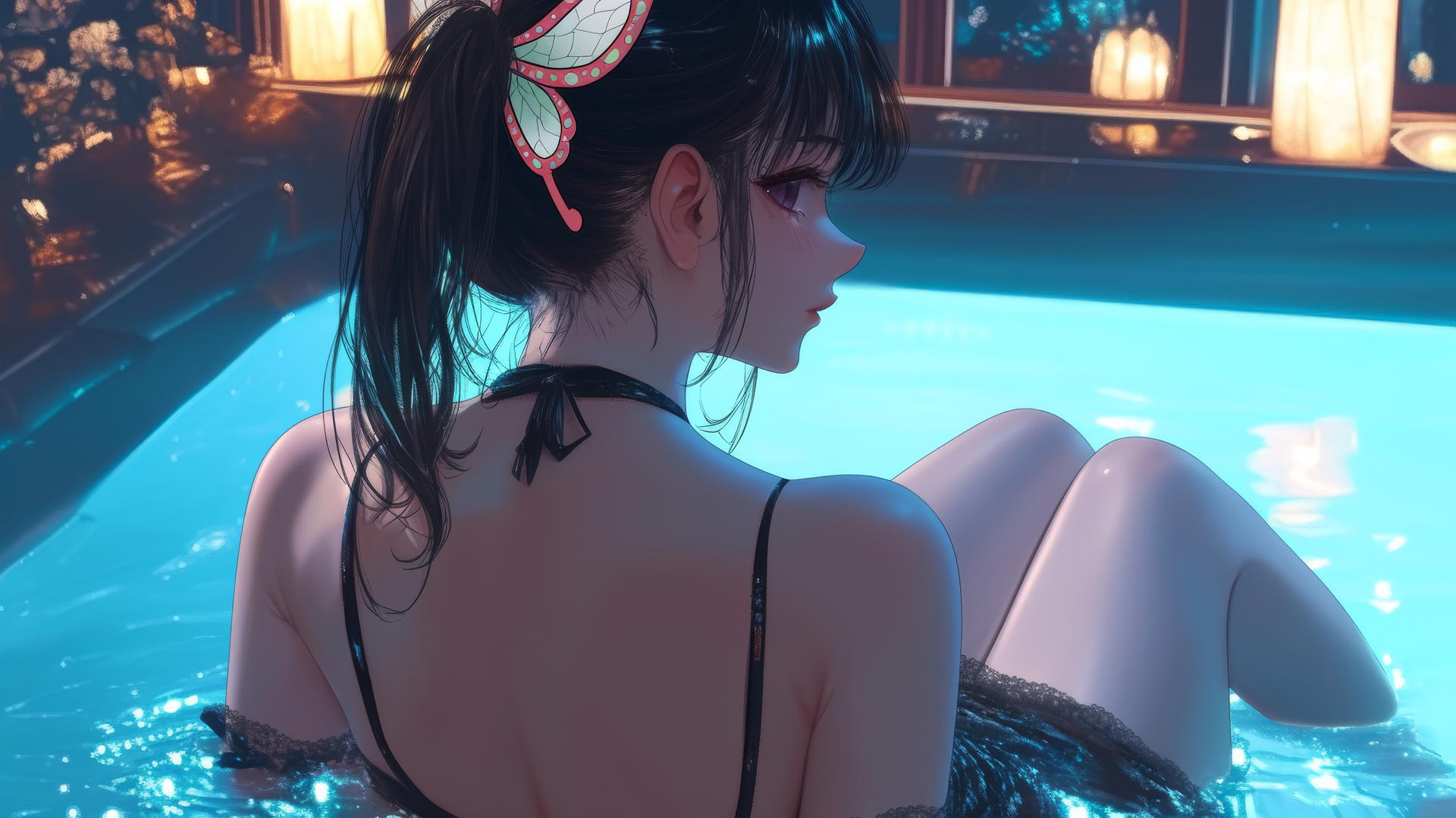 Kanao Tsuyuri from Demon Slayer at a tub in a modern apartment with warm light highlighting her figure, short black hair tied with a butterfly ornament.