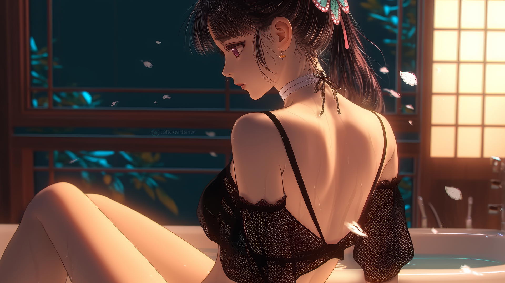 Kanao Tsuyuri from Demon Slayer viewed from behind in a tub of a modern apartment, characterized by warm light highlighting her figure and legs.