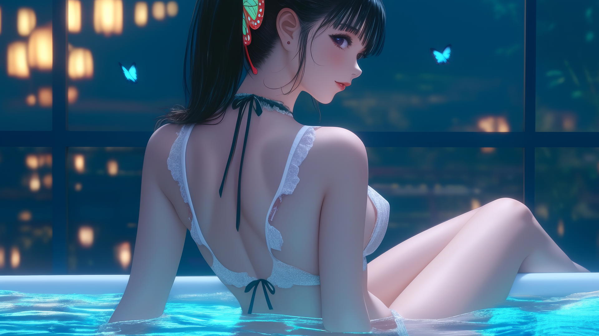 Kanao Tsuyuri from Demon Slayer, viewed from behind, in a modern apartment tub with warm light highlighting her figure.