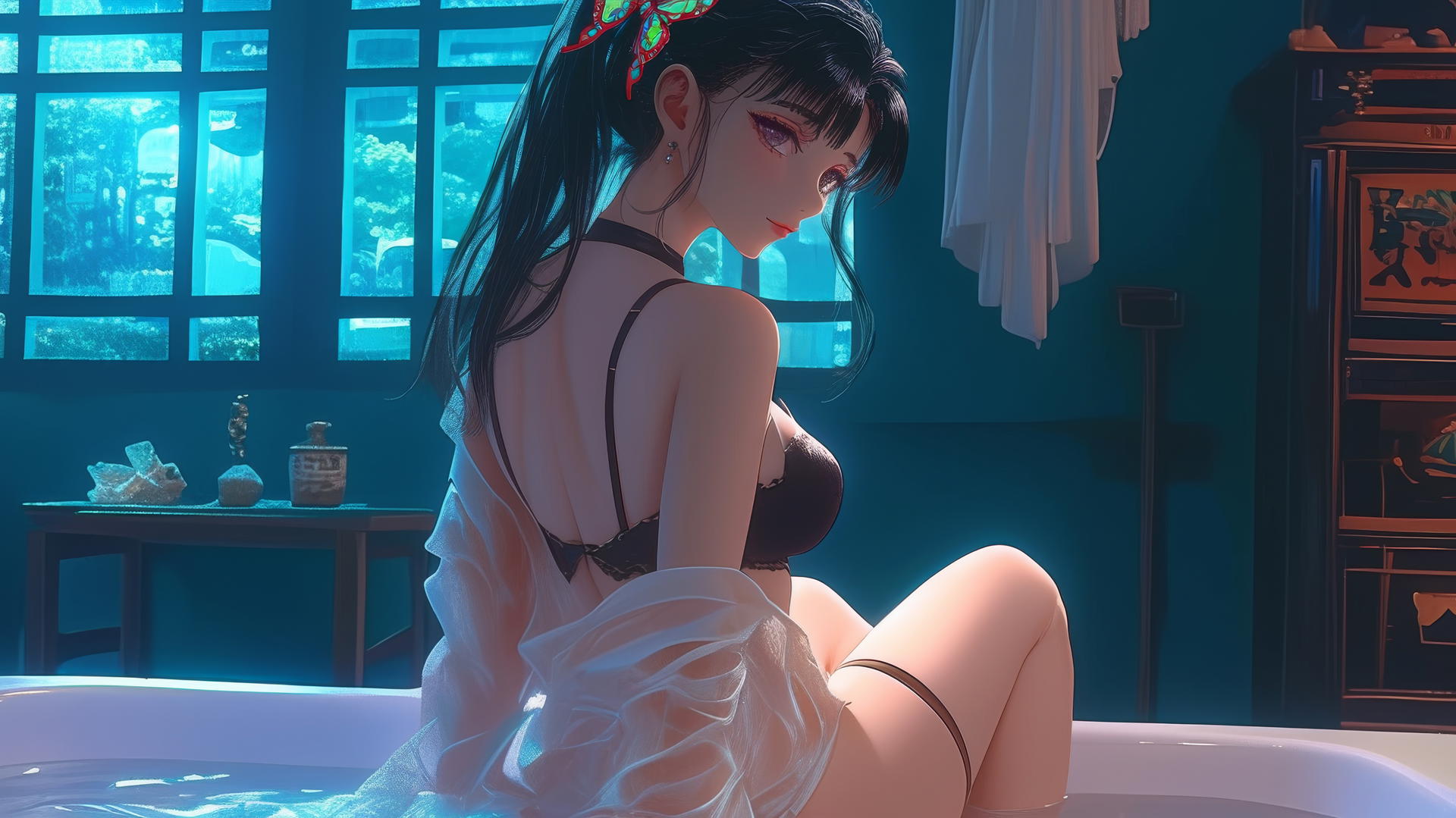 Kanao Tsuyuri from Demon Slayer in a modern apartment tub with warm light.