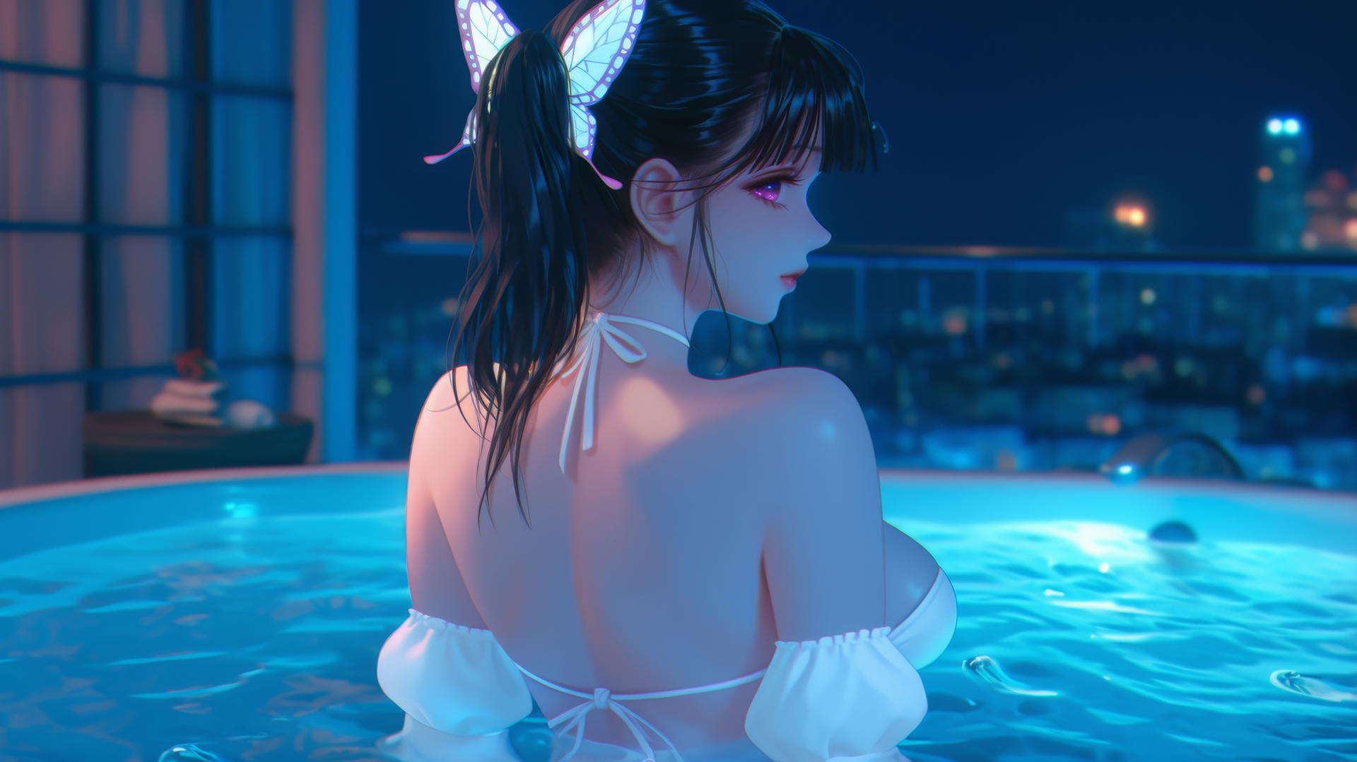 Kanao Tsuyuri from Demon Slayer seen from behind in a modern apartment tub, highlighted by warm light.
