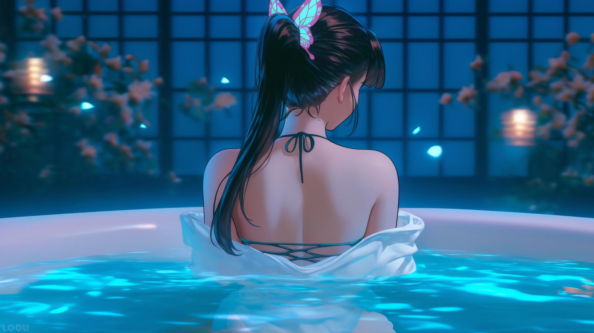 Kanao Tsuyuri from Demon Slayer, seen from behind in a modern apartment tub, soft warm light on her figure and legs.