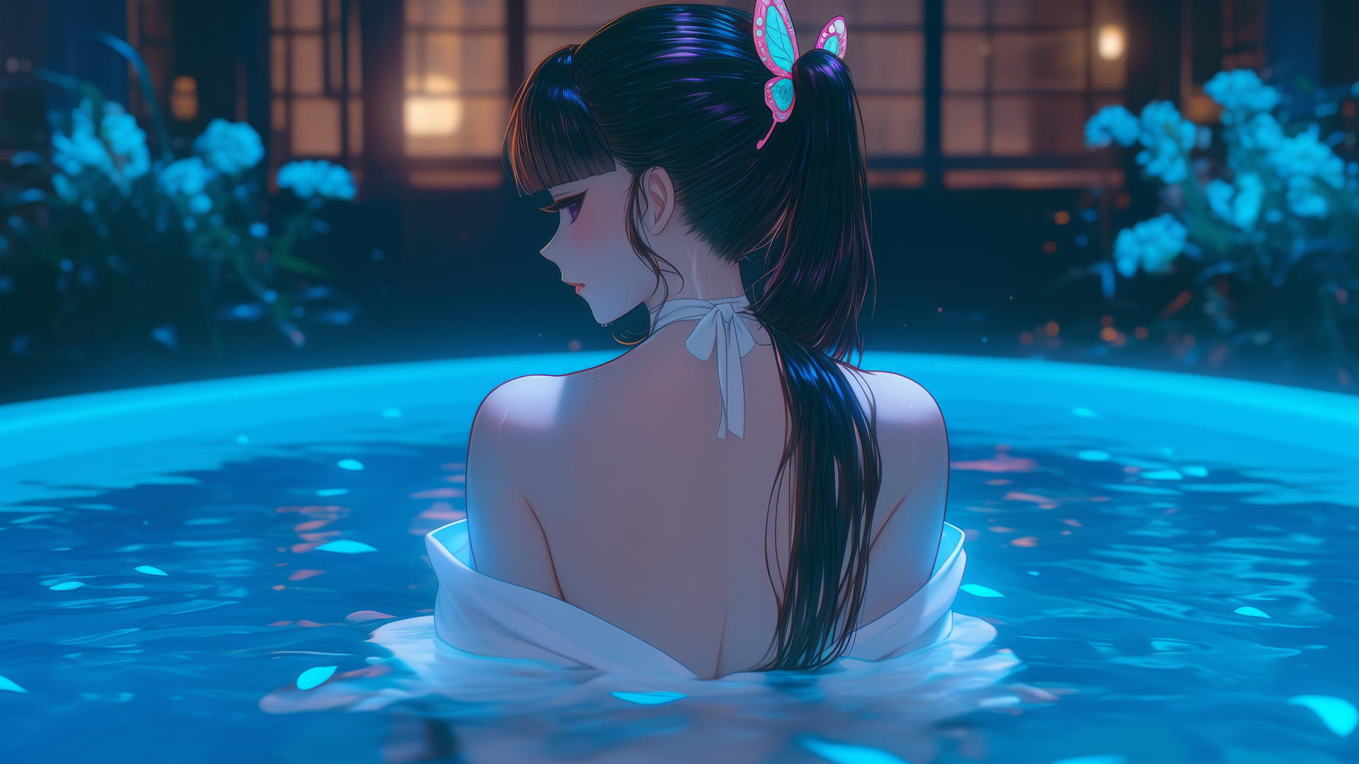 Kanao Tsuyuri from Demon Slayer in a modern apartment, warm light glow