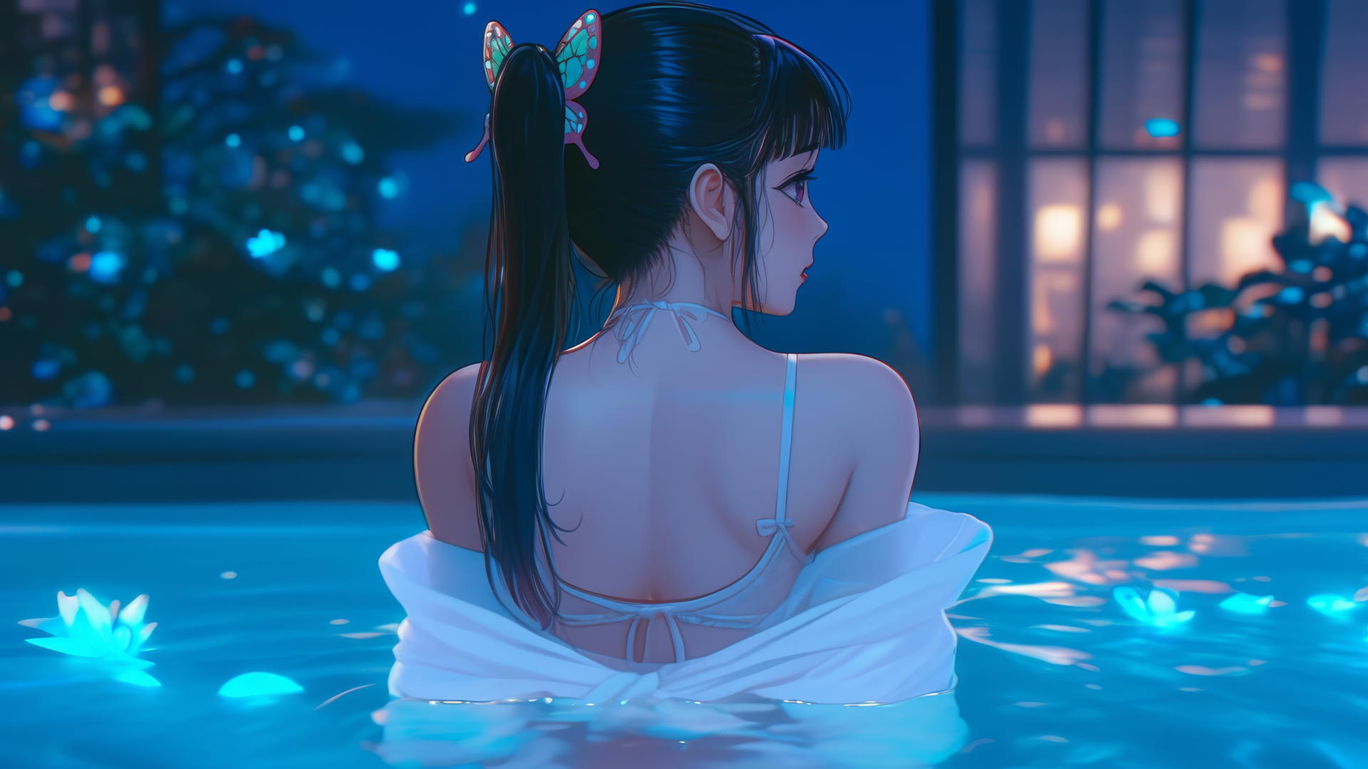 Kanao Tsuyuri from Demon Slayer in modern apartment bathtub, lit warmly, ponytail with butterfly ornament.