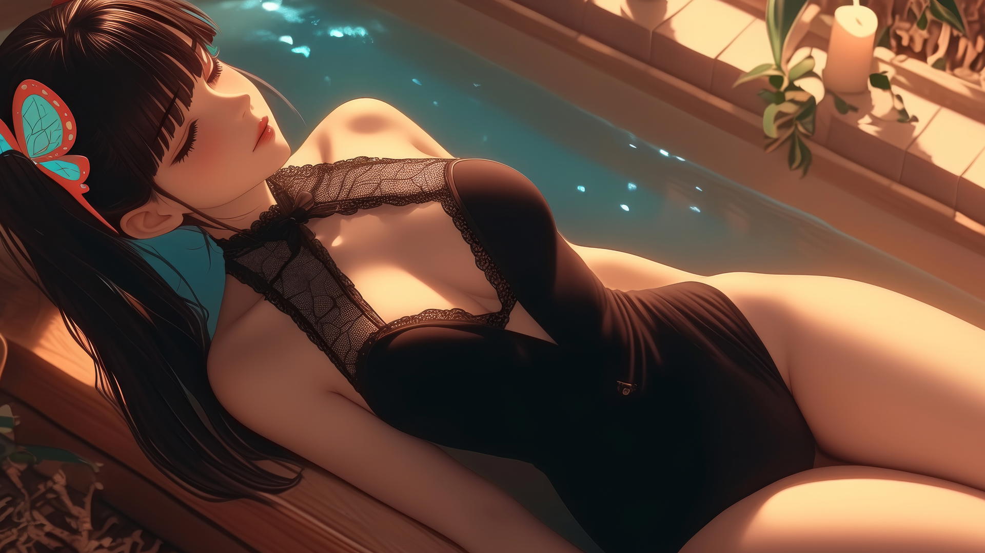 Kanao Tsuyuri resting in a tub with warm light accentuating her figure.