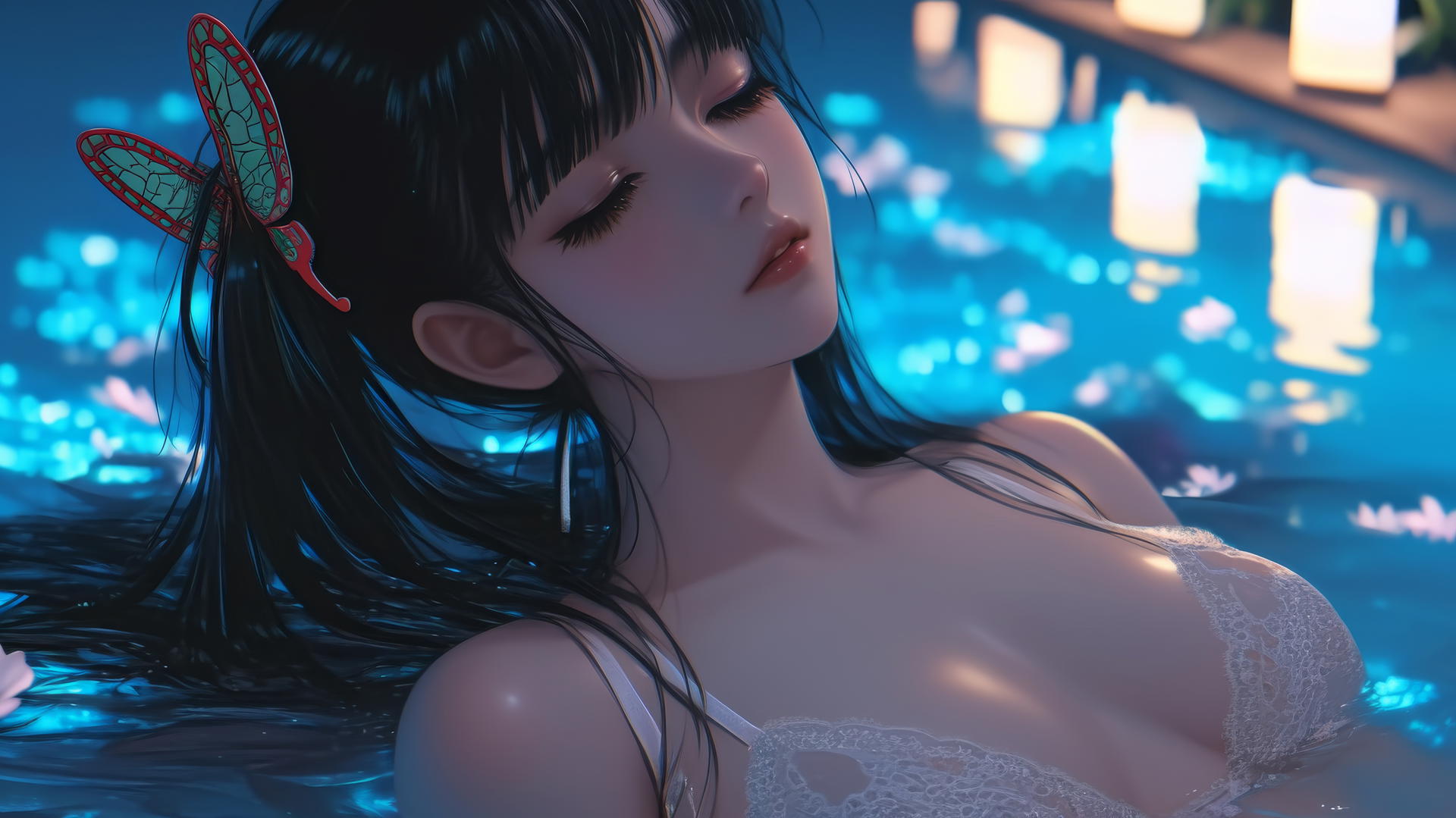 Kanao Tsuyuri resting in a bathtub, warm light highlighting her figure