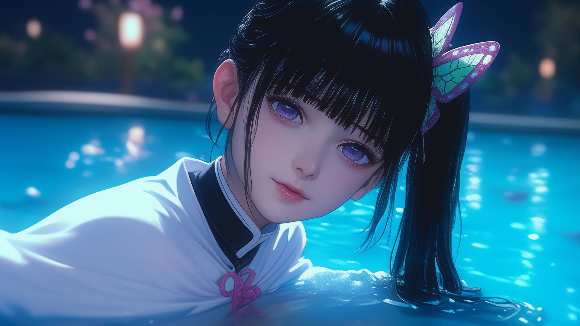 Kanao Tsuyuri from Demon Slayer resting by the swimming pool under moonlight, butterfly ornament in hair.