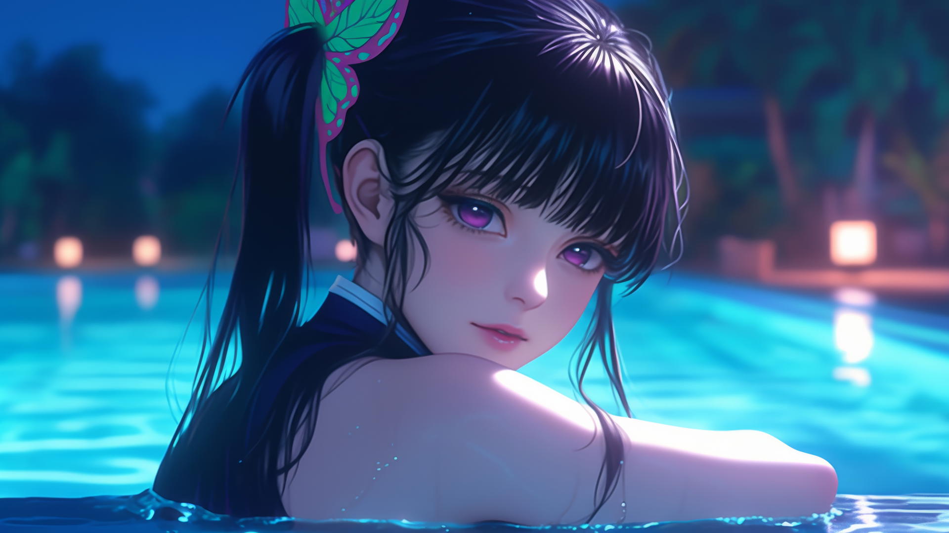 Kanao Tsuyuri resting by a pool under moonlight with a pink and green butterfly hair ornament.